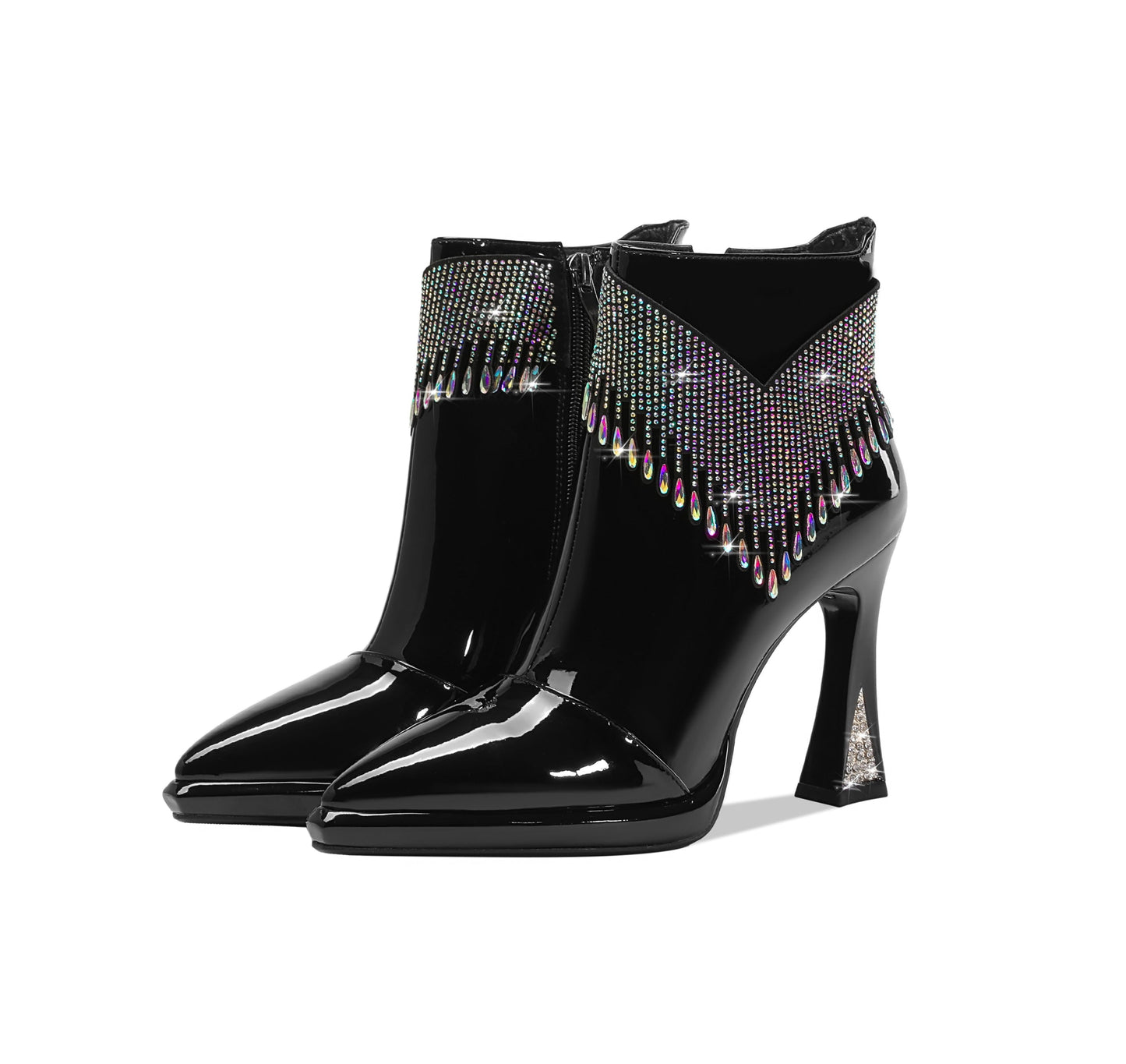 Women's Pointed Toe Patent Leather Handmade Rhinestones Decor Zip Up High Heels Ankle Boots