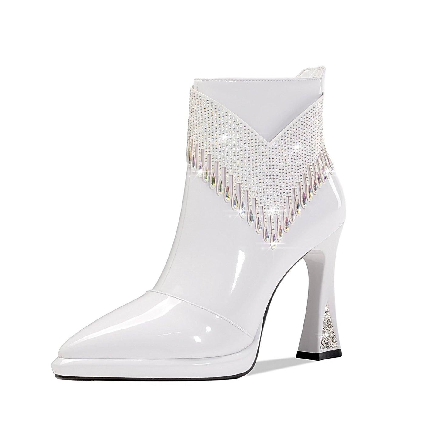 Women's Pointed Toe Patent Leather Handmade Rhinestones Decor Zip Up High Heels Ankle Boots