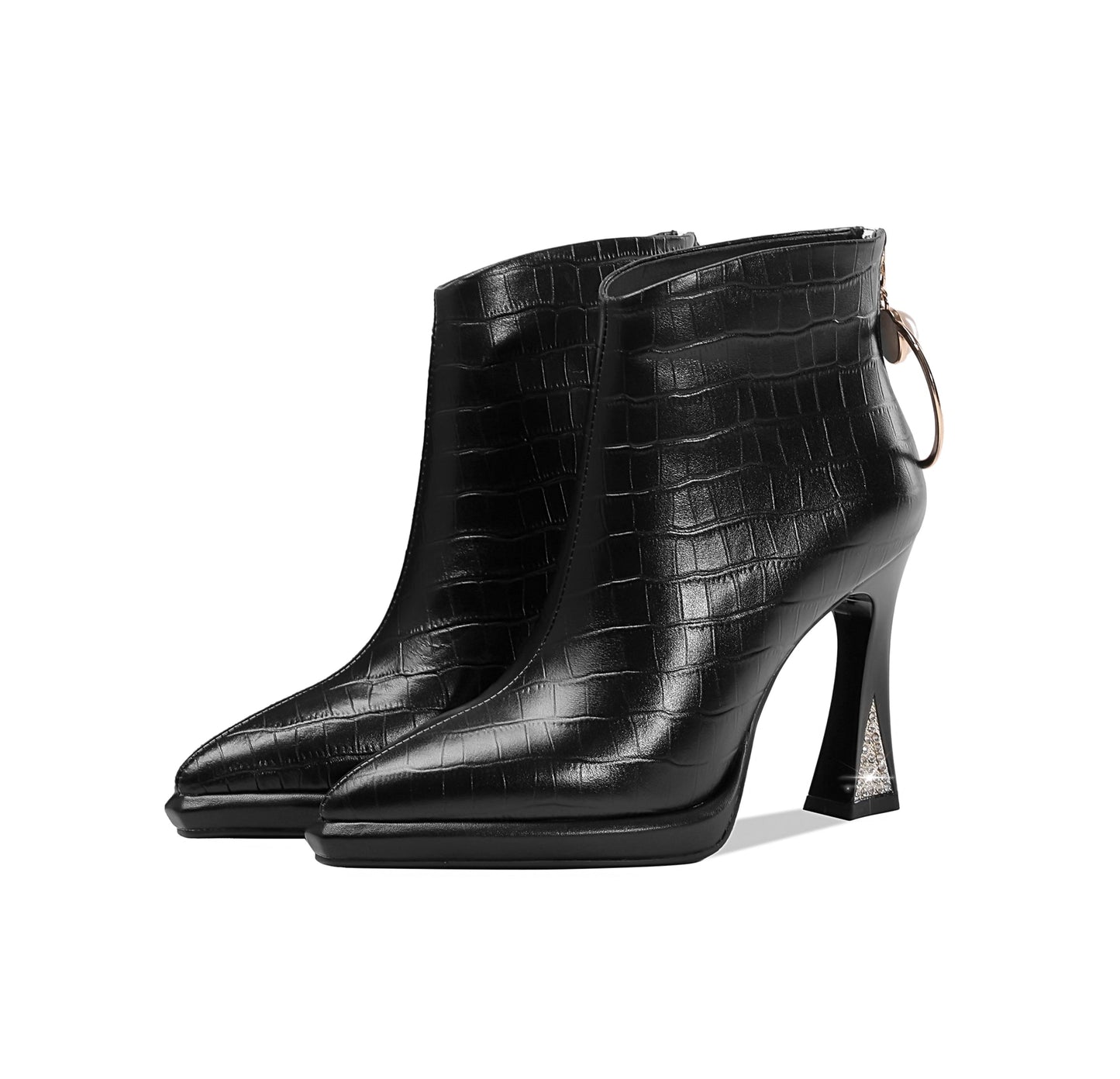 Women's Genuine Leather Pointed Toe Handmade Back Zipper with Ring High Heels Chic Ankle Boots