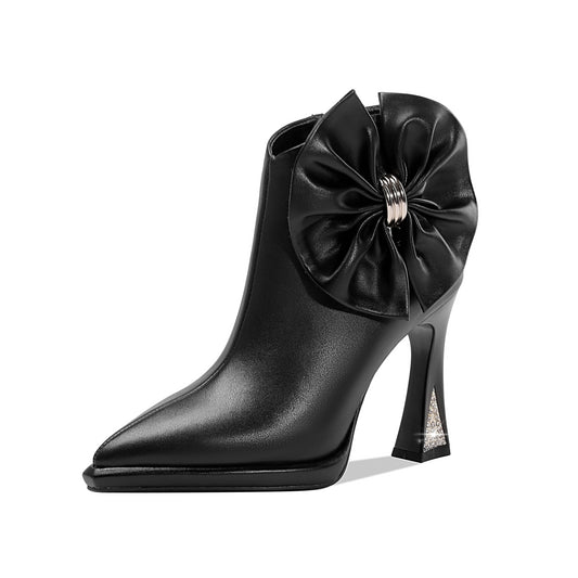 Women's Pointed Toe Genuine Leather Handmade Side Zipper High Heels Stylish Ankle Boots with Bowknot