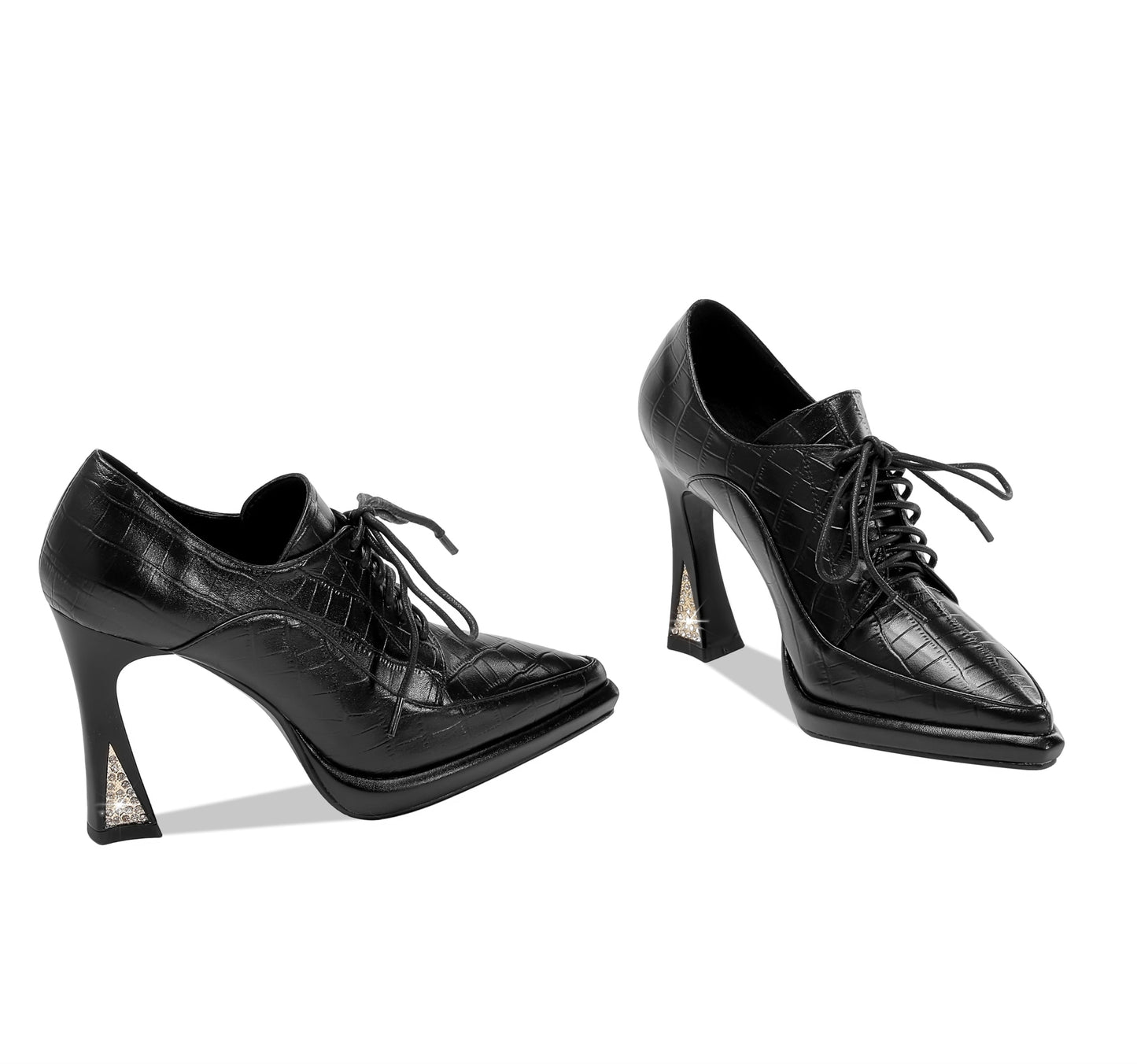 Women's Genuine Leather Pointed Toe Handmade Lace Up Stylish High Heels Pumps Shoes