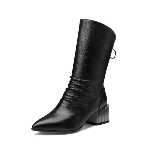 Women's Handmade Genuine Leather Pointed Toe Gradient Color Mid Block Heel Back Zip Up Trendy Ruffle Mid-Calf Boots