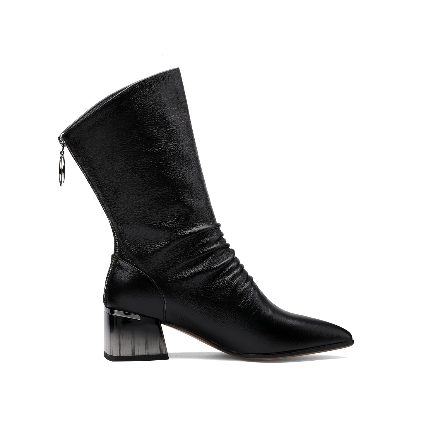 Women's Handmade Genuine Leather Pointed Toe Gradient Color Mid Block Heel Back Zip Up Trendy Ruffle Mid-Calf Boots