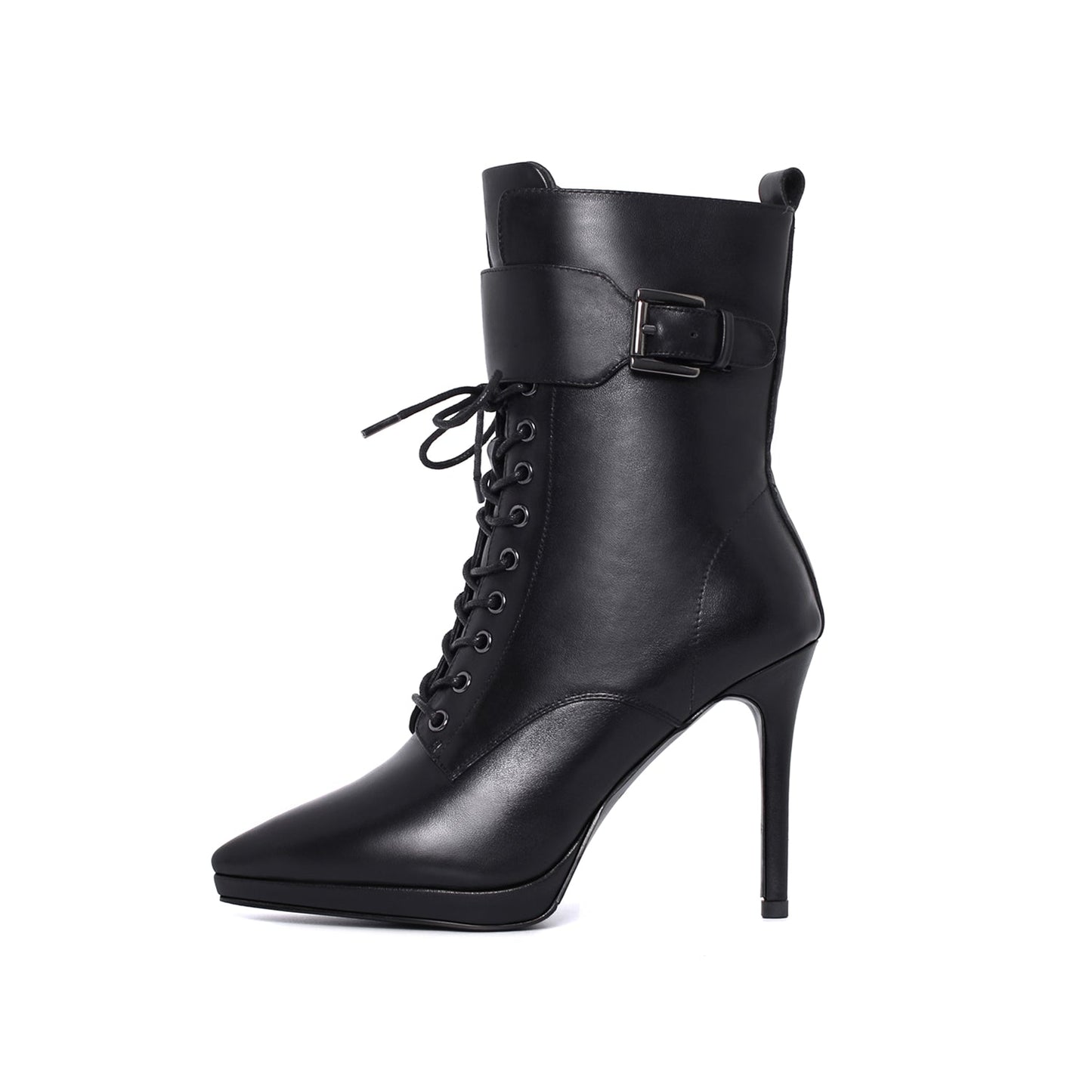 Women's Genuine Leather Handmade Comfortable Stiletto High Heel Pointed Toe Zip Up Mid-Calf Boots with Buckle and Band