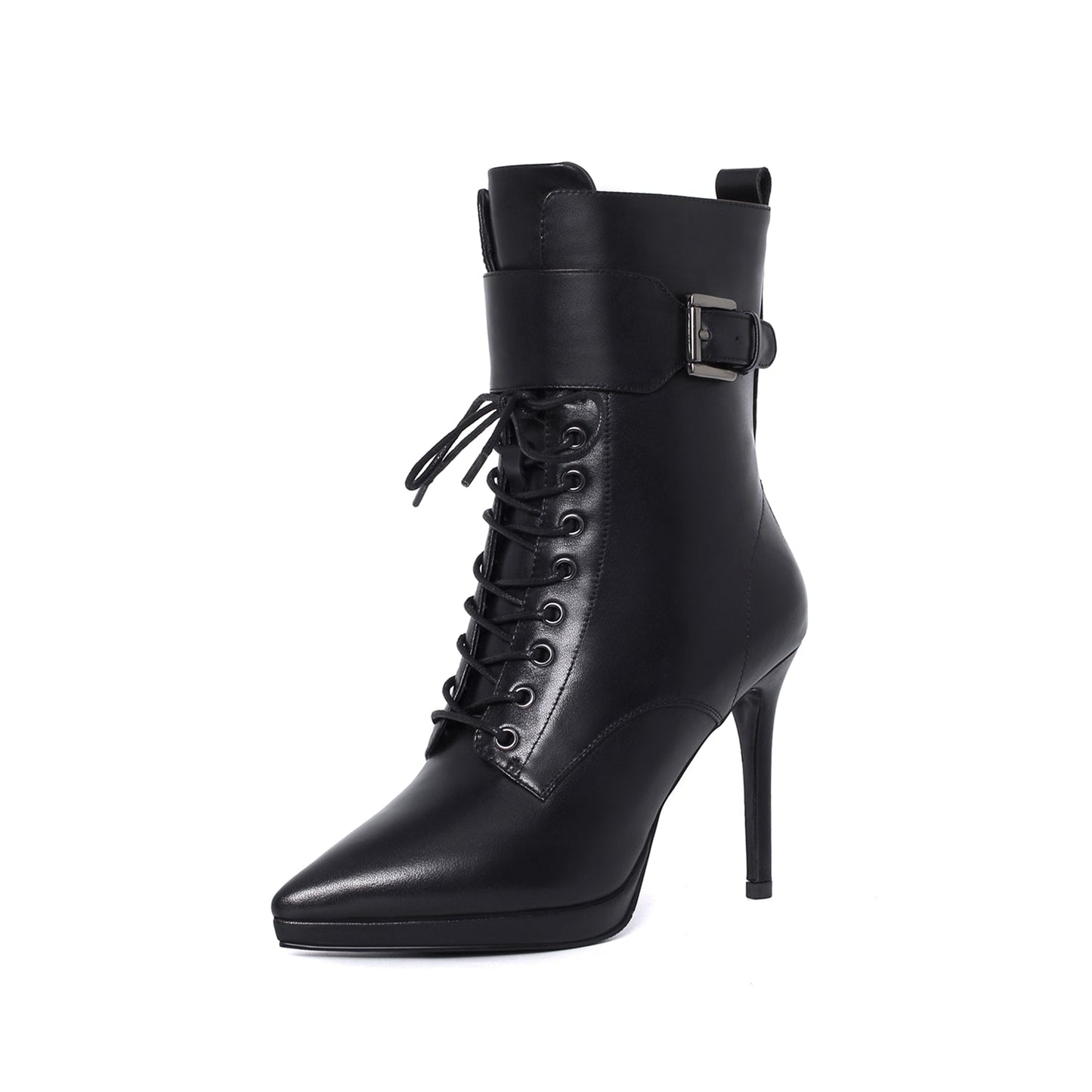 Women's Genuine Leather Handmade Comfortable Stiletto High Heel Pointed Toe Zip Up Mid-Calf Boots with Buckle and Band