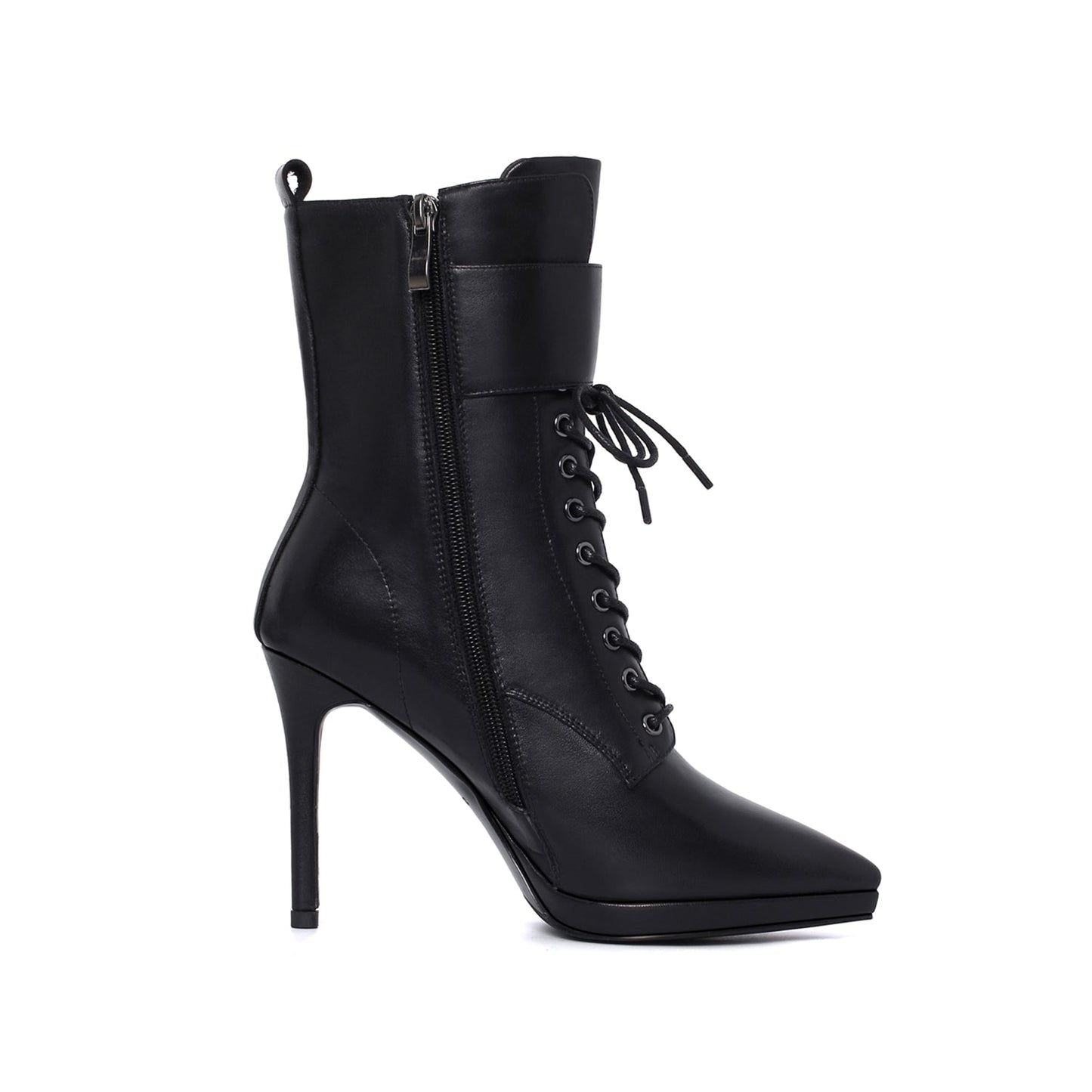 Women's Genuine Leather Handmade Comfortable Stiletto High Heel Pointed Toe Zip Up Mid-Calf Boots with Buckle and Band