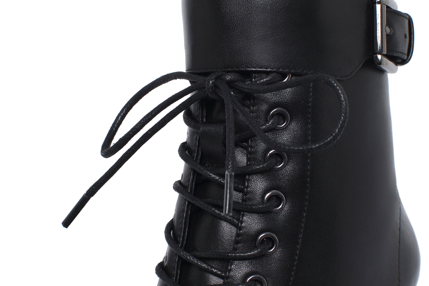 Women's Genuine Leather Handmade Comfortable Stiletto High Heel Pointed Toe Zip Up Mid-Calf Boots with Buckle and Band