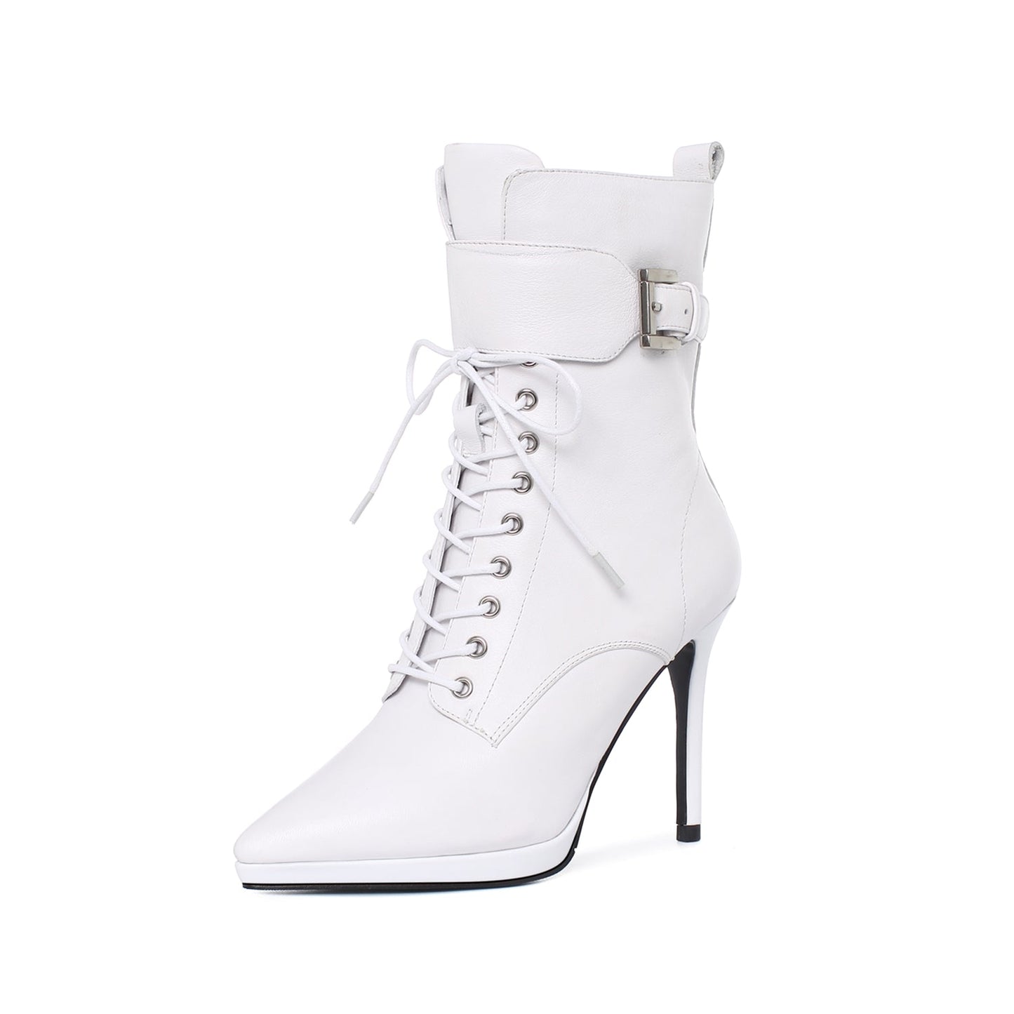 Women's Genuine Leather Handmade Comfortable Stiletto High Heel Pointed Toe Zip Up Mid-Calf Boots with Buckle and Band