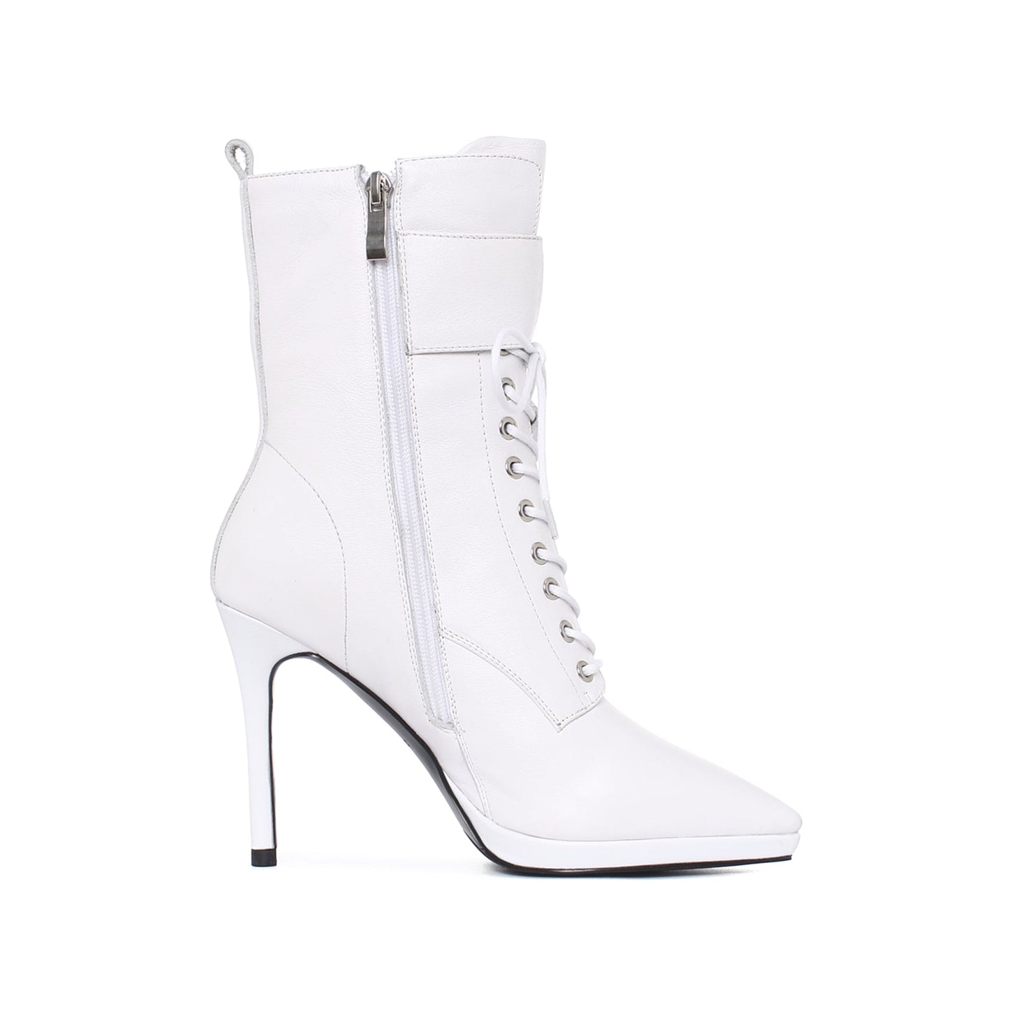 Women's Genuine Leather Handmade Comfortable Stiletto High Heel Pointed Toe Zip Up Mid-Calf Boots with Buckle and Band