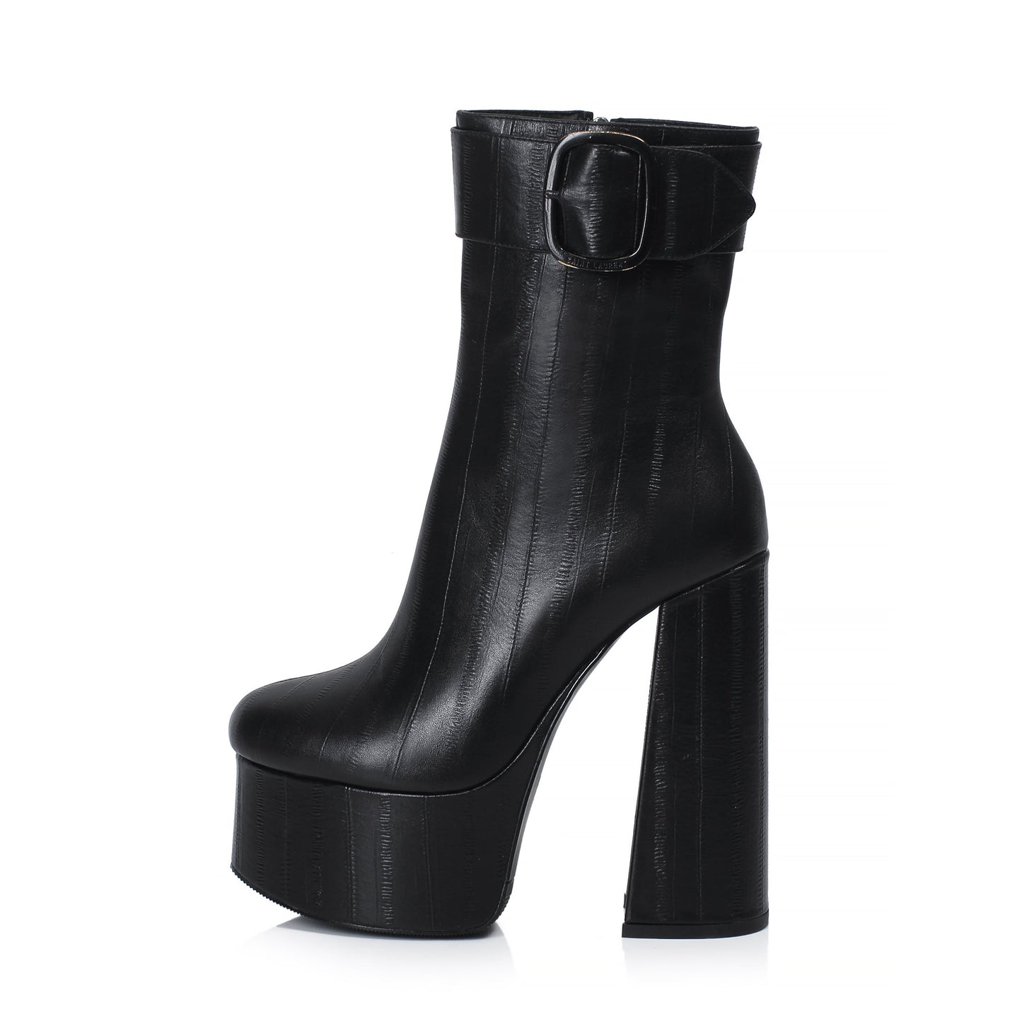 Women's Handmade Genuine Leather Round Toe Side Zip Up Sexy Supper High Chunky Heel Cool Buckle Black Calf High Boots with Platform