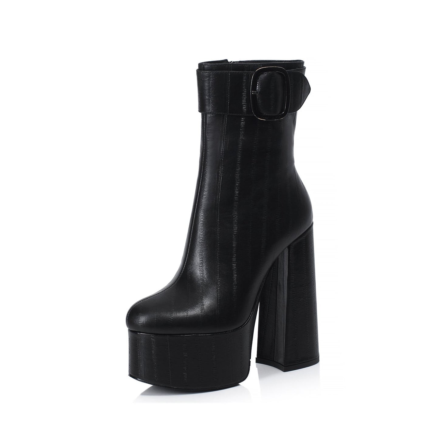 Women's Handmade Genuine Leather Round Toe Side Zip Up Sexy Supper High Chunky Heel Cool Buckle Black Calf High Boots with Platform