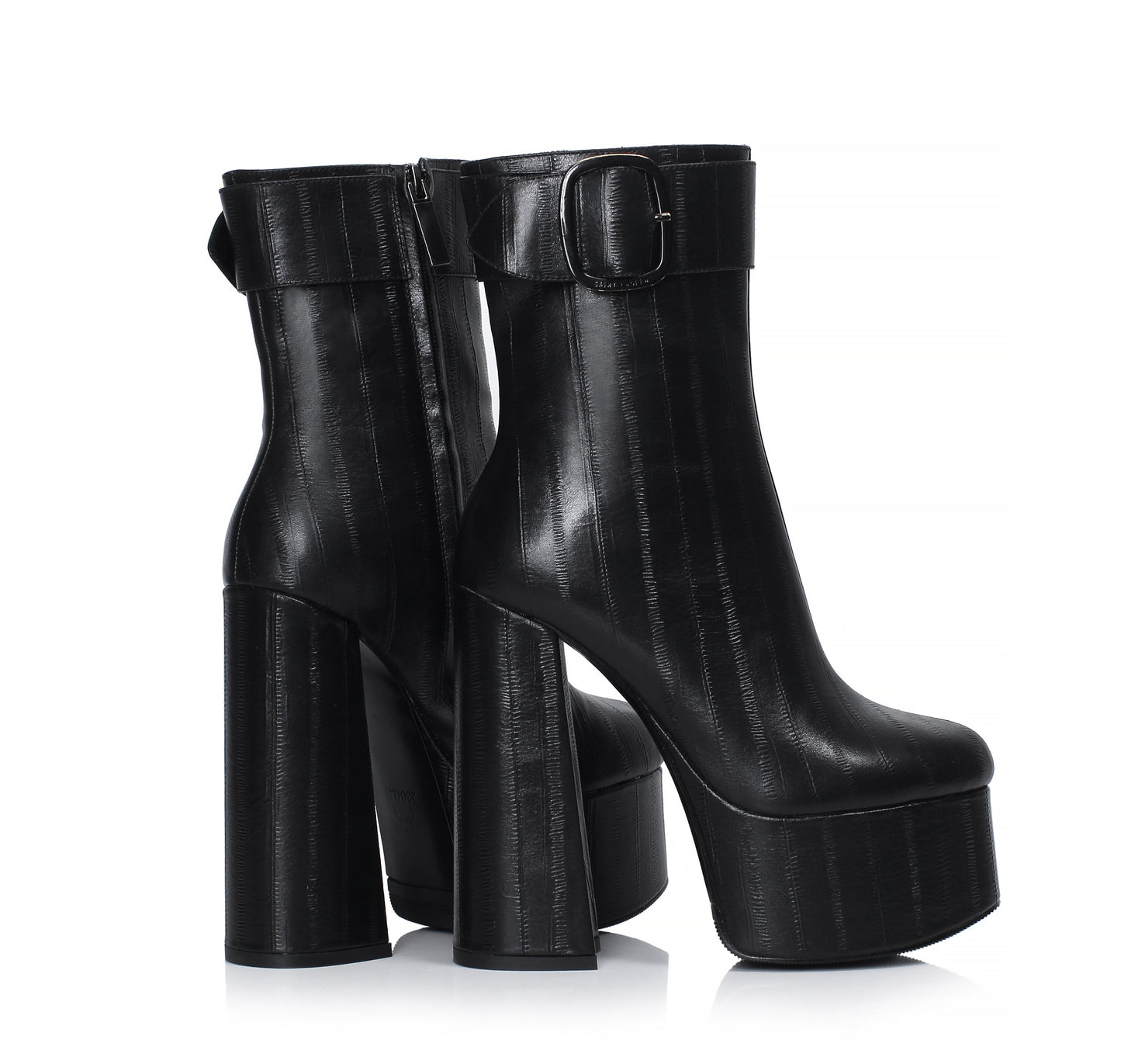 Women's Handmade Genuine Leather Round Toe Side Zip Up Sexy Supper High Chunky Heel Cool Buckle Black Calf High Boots with Platform