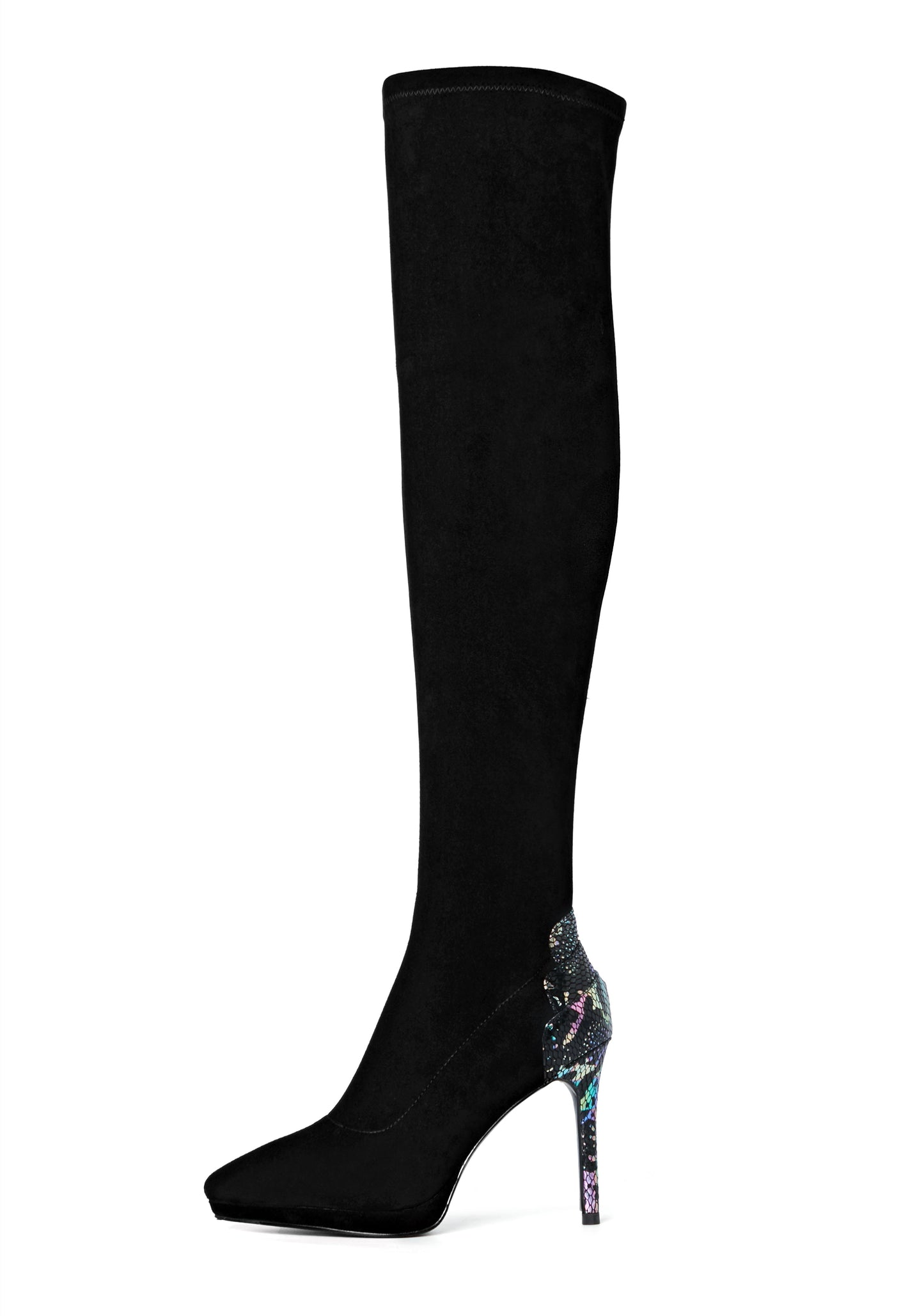 Women's Handmade Suede Leather Pointed Toe Sexy Stiletto High Heel Stretch Half Zip Black Over the Knee High Boots with Colorful Sequin