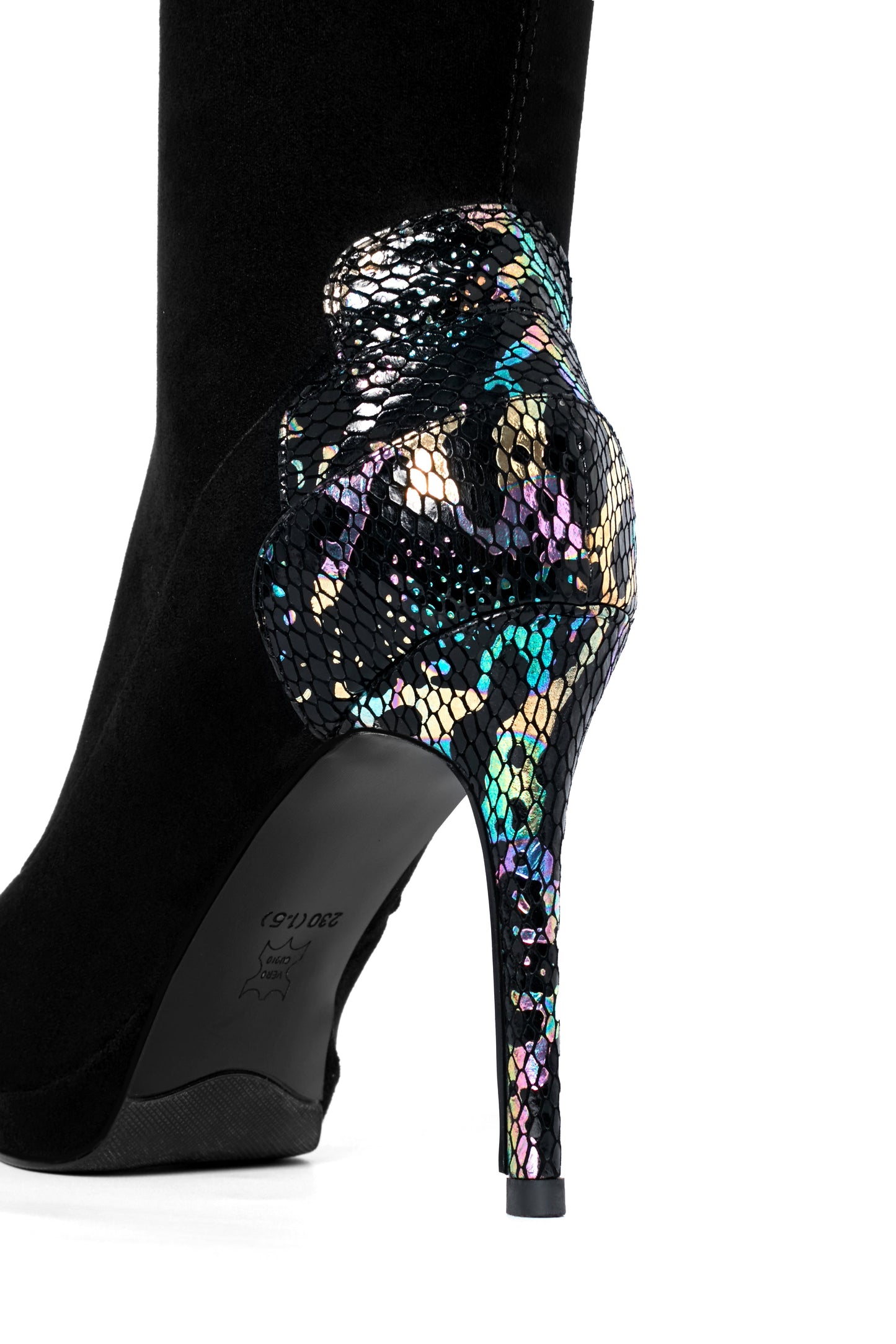 Women's Handmade Suede Leather Pointed Toe Sexy Stiletto High Heel Stretch Half Zip Black Over the Knee High Boots with Colorful Sequin