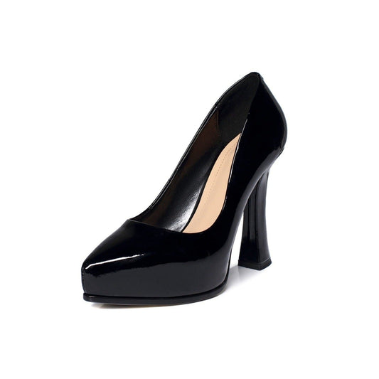 Glossy Patent Leather Women's Pointed Toe High Chunky Heel Handmade Slip On Graceful Pump Shoes