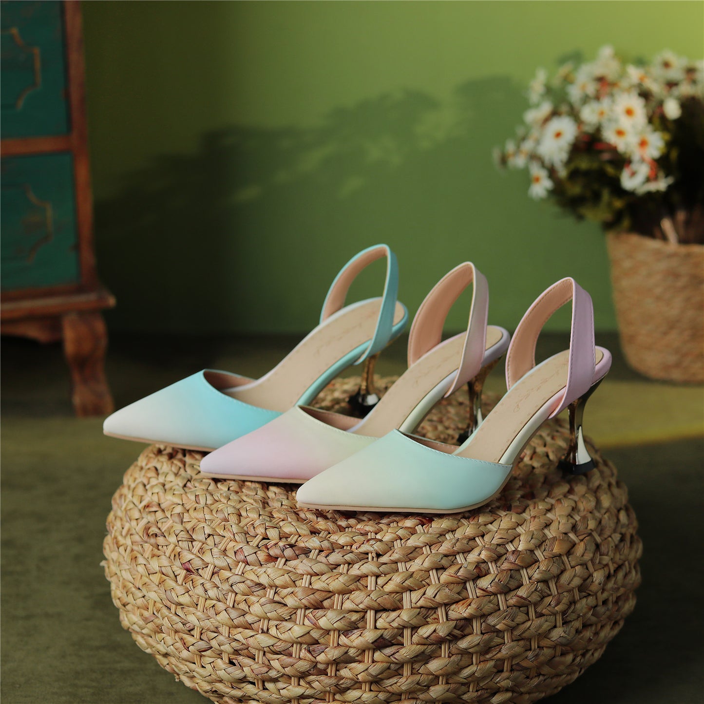 Graduated Colors Handmade Women's Pointed Toe  High Heel Slingback Sandal Shoes