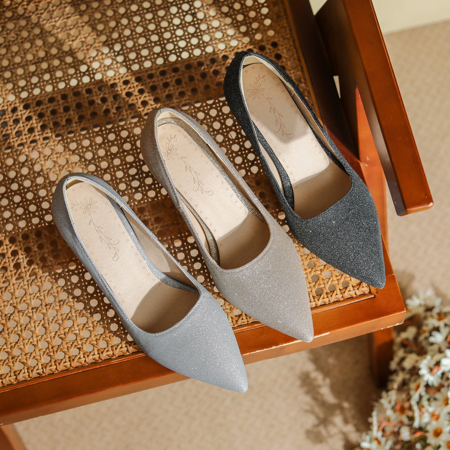 Women's Handmade Pointed Toe Glitter High Heel Weeding Pumps Shoes