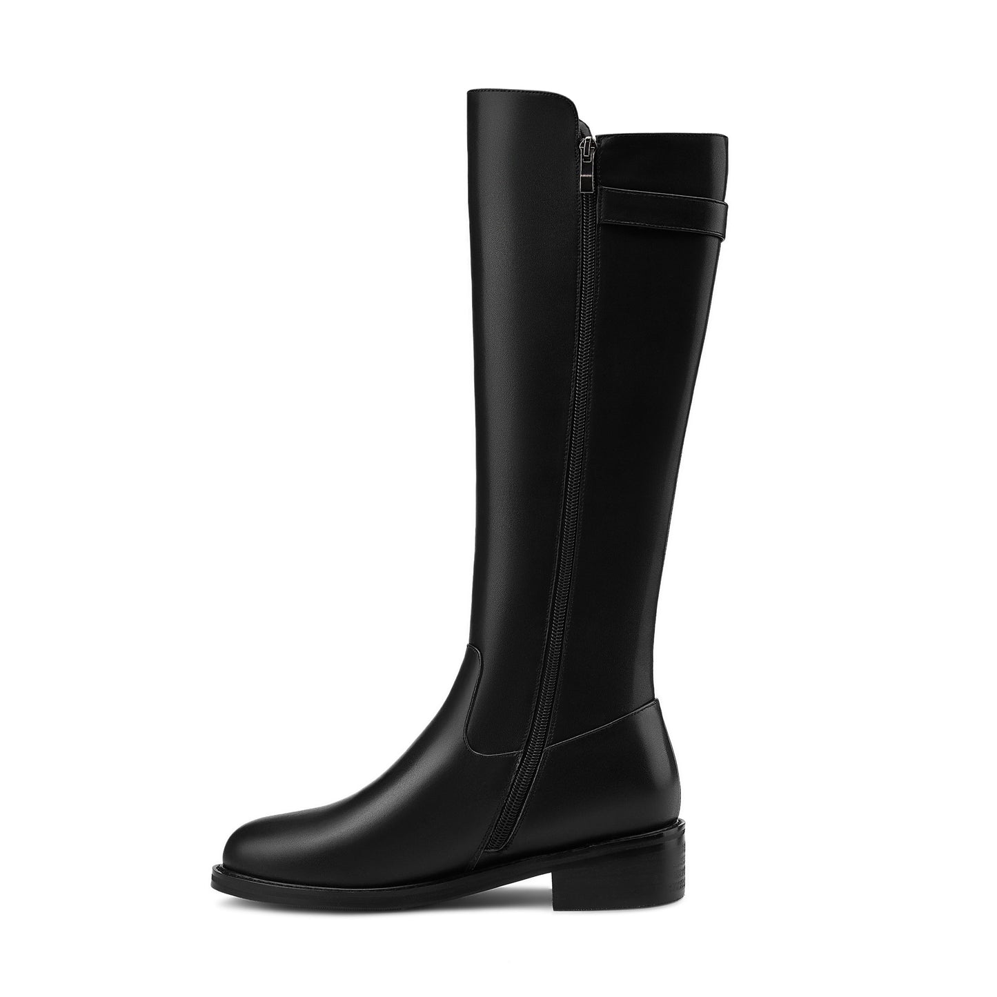 Women's Genuine Leather Round Toe Side Zipper Handmade Low Chunky Heel Comfort Knee High Boots with Metal Décor