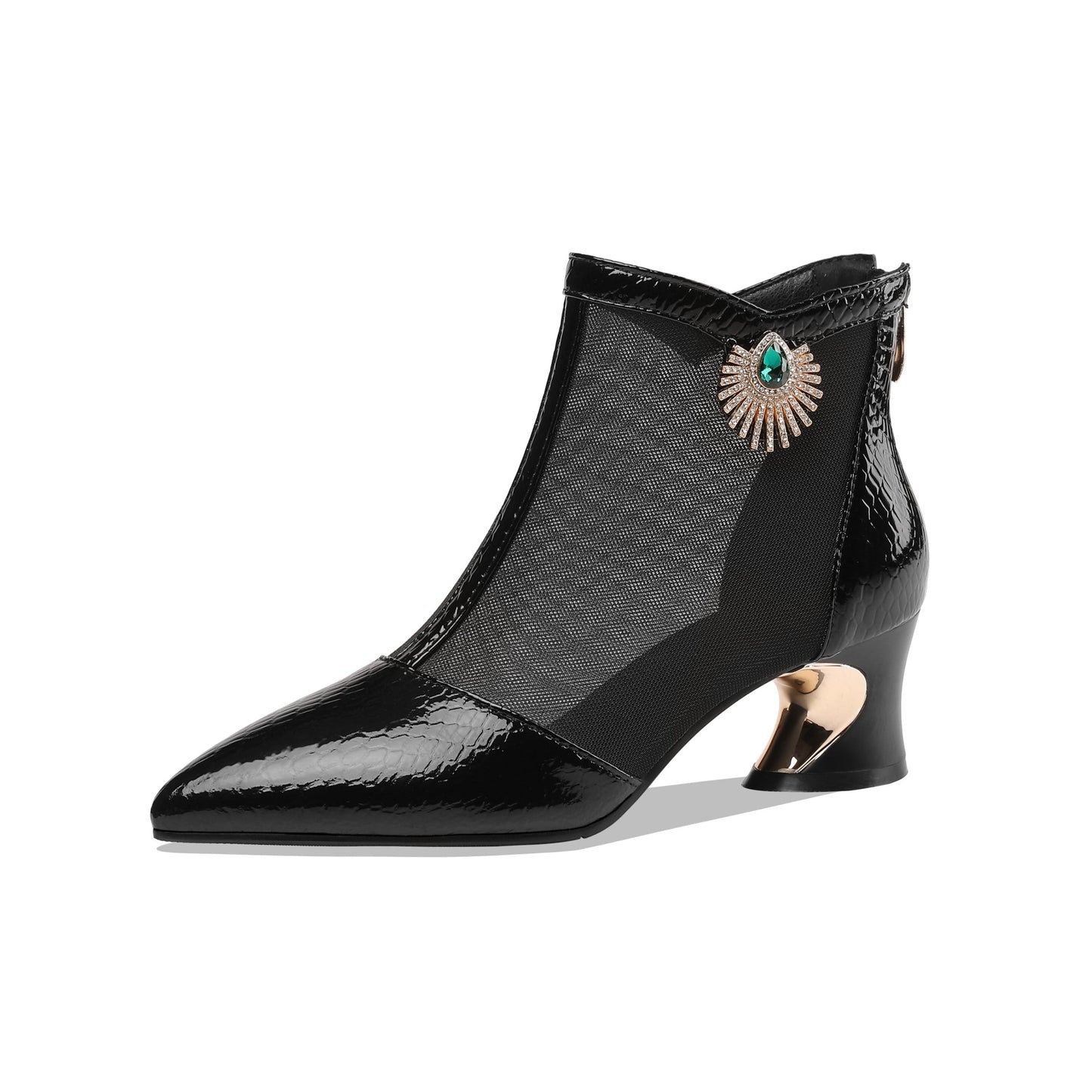 Women's Leather and Mesh Handmade Comfortable Spool Heel Back Zipper Pointy Toe Ankle Boots with Rhinestone and Crystal