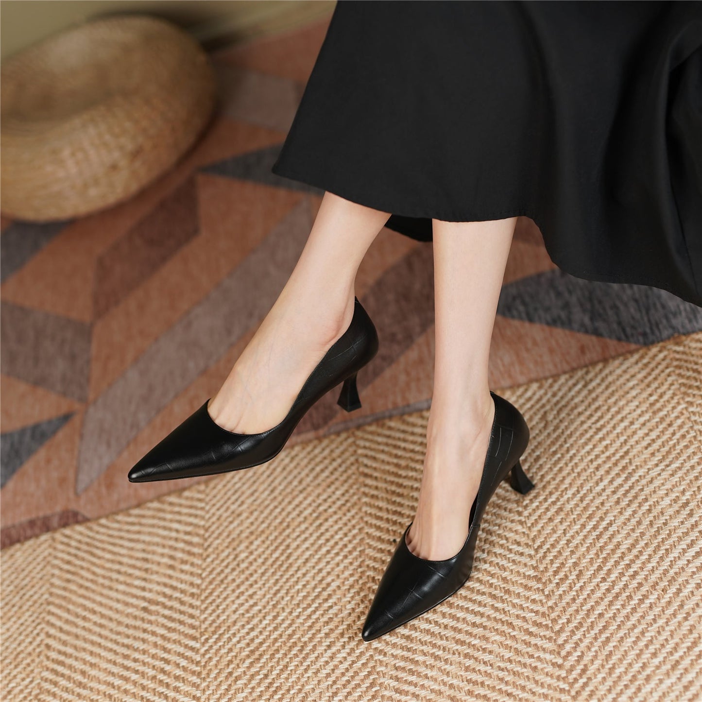 Nine Seven Women's Genuine Leather Handmade Pointed Toe Slip On Mid Heel Dress Pumps