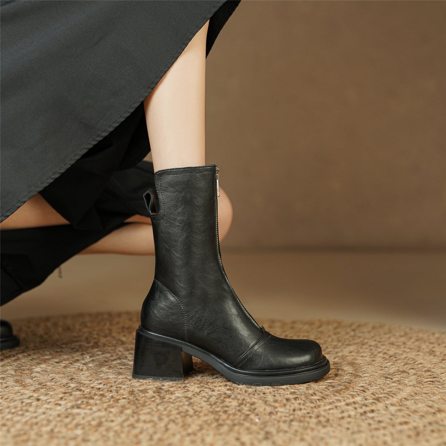 Handmade Women's Genuine Leather Front Zipper Square Toe Mid Chunky Heel Ankle Boots Shoes