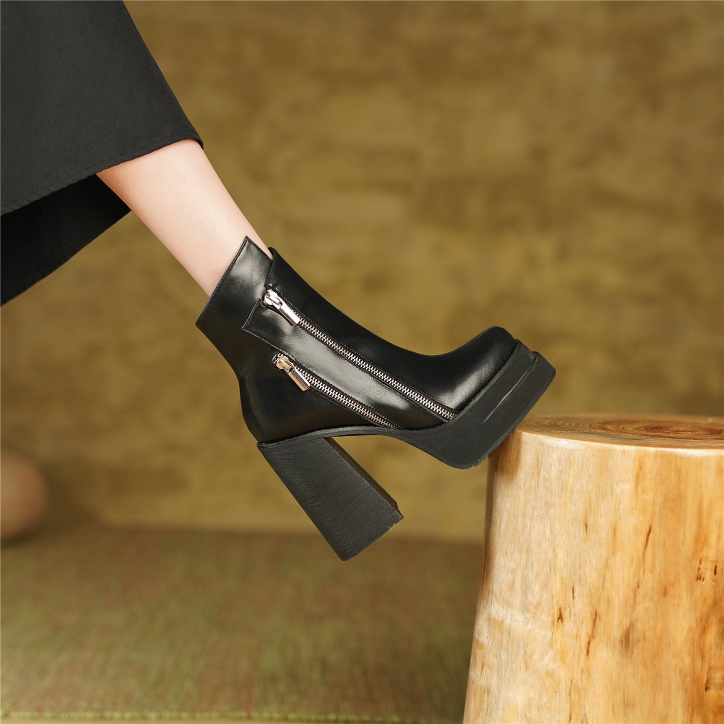 Handmade Women's Genuine Leather Stylish Side Zipper Platform Square Toe Mid High Heel Ankle Boots Shoes