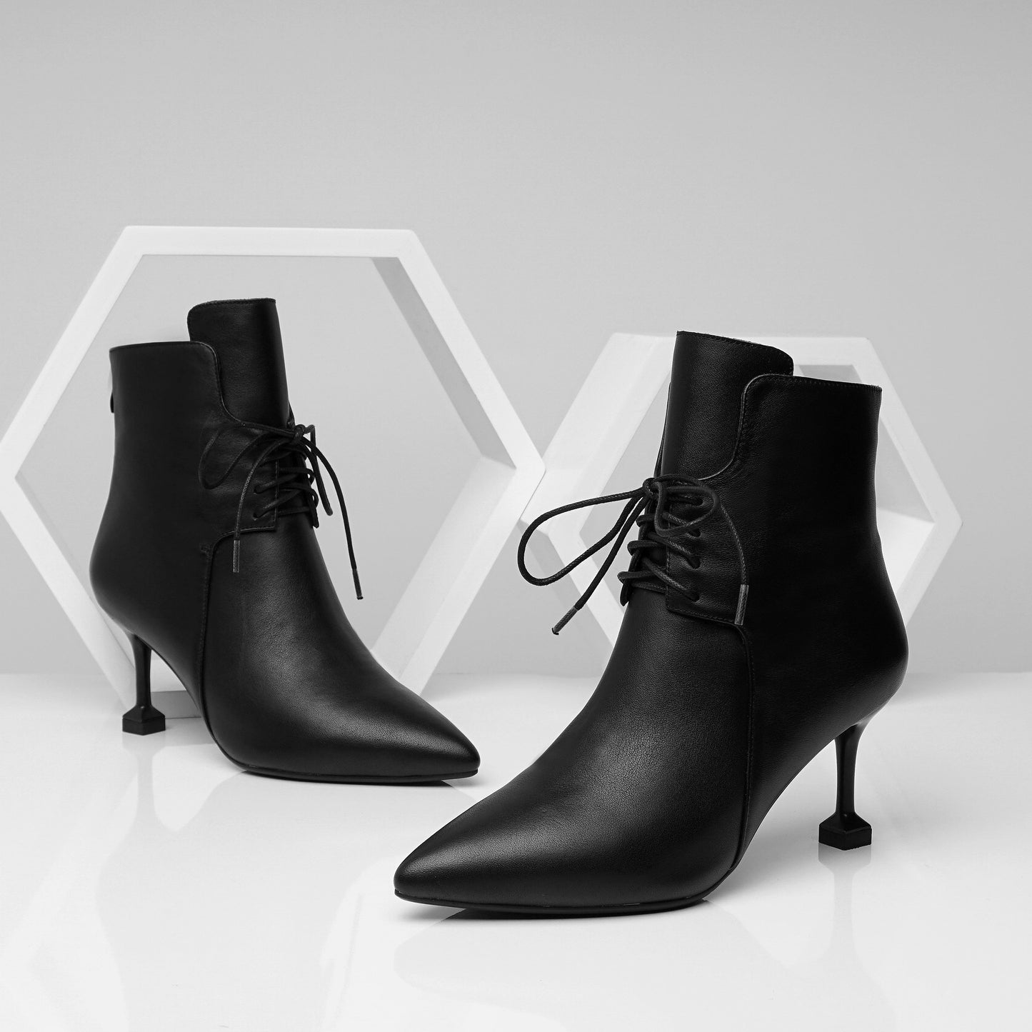 Women's Genuine Leather Pointed Toe Lace Up Back Zip Handmade Stiletto Heel Fashion Ankle Boots