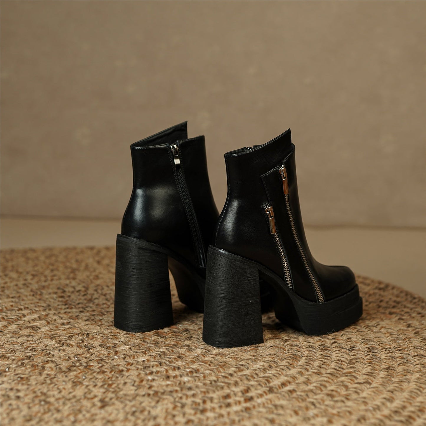 Handmade Women's Genuine Leather Stylish Side Zipper Platform Square Toe Mid High Heel Ankle Boots Shoes