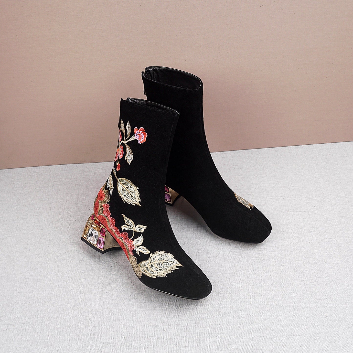 Handmade Women's Suede Leather Ethnic Floral Embroidered Round Toe Mid Chunky Rhinestone Heel Back Zipper Mid-Calf Boots