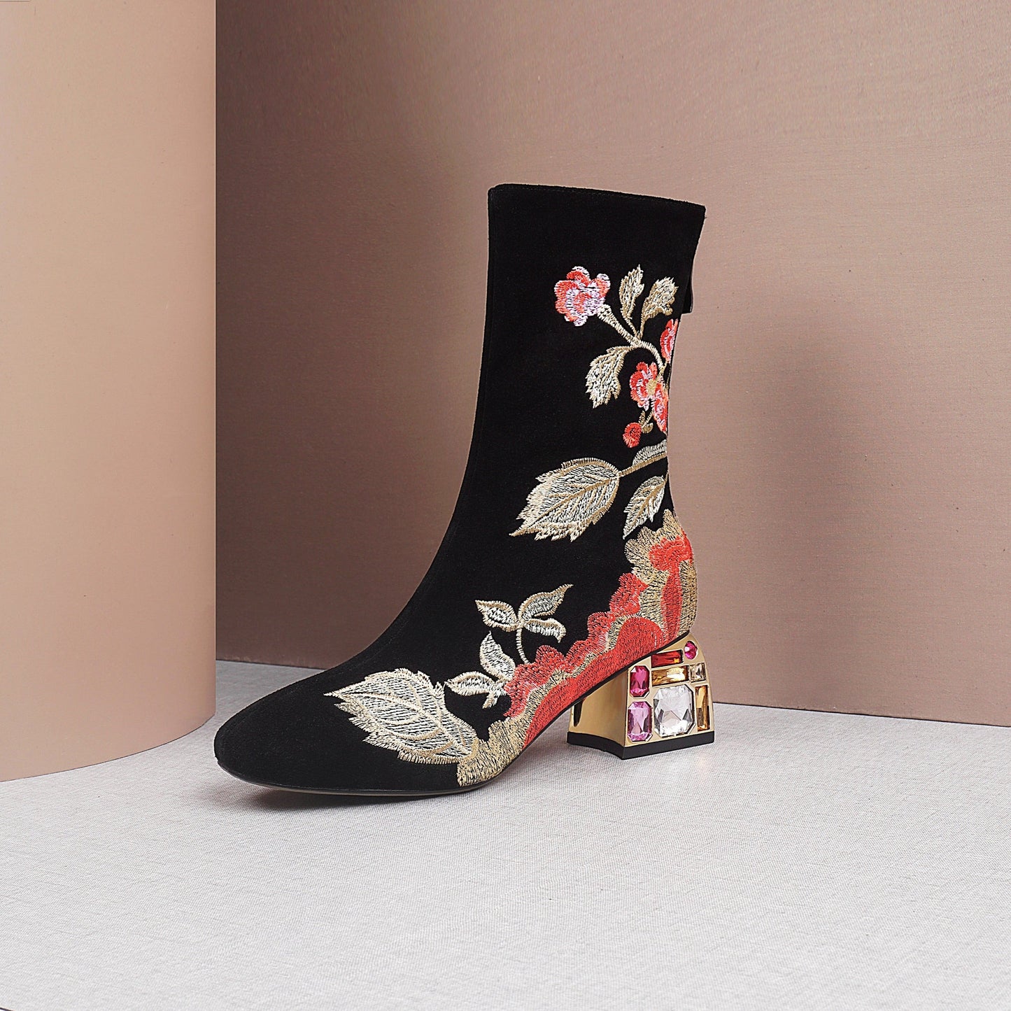 Handmade Women's Suede Leather Ethnic Floral Embroidered Round Toe Mid Chunky Rhinestone Heel Back Zipper Mid-Calf Boots