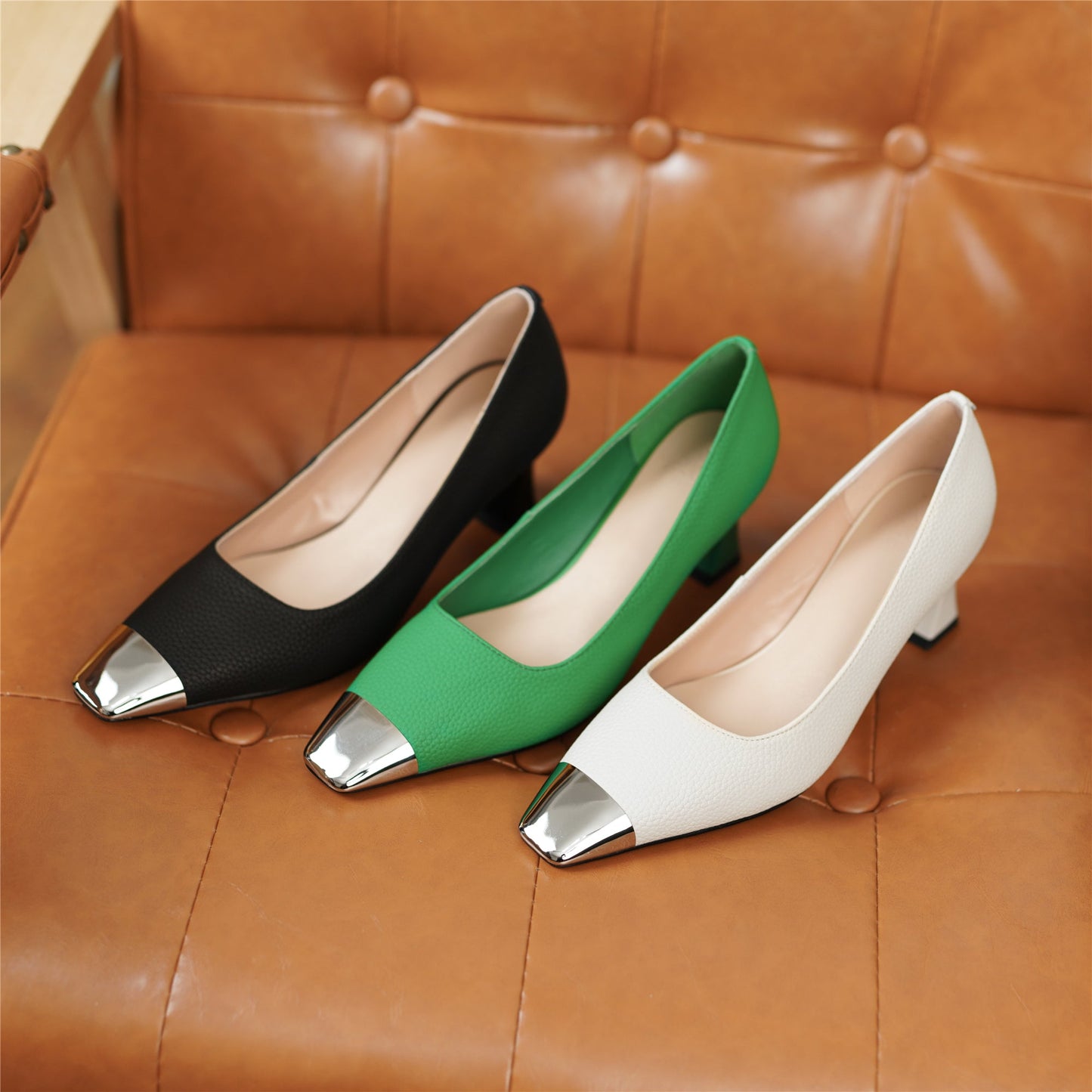 Women's Genuine Leather Handmade Cap-Toe Spool Heel Slip On Loafer Pumps Shoes