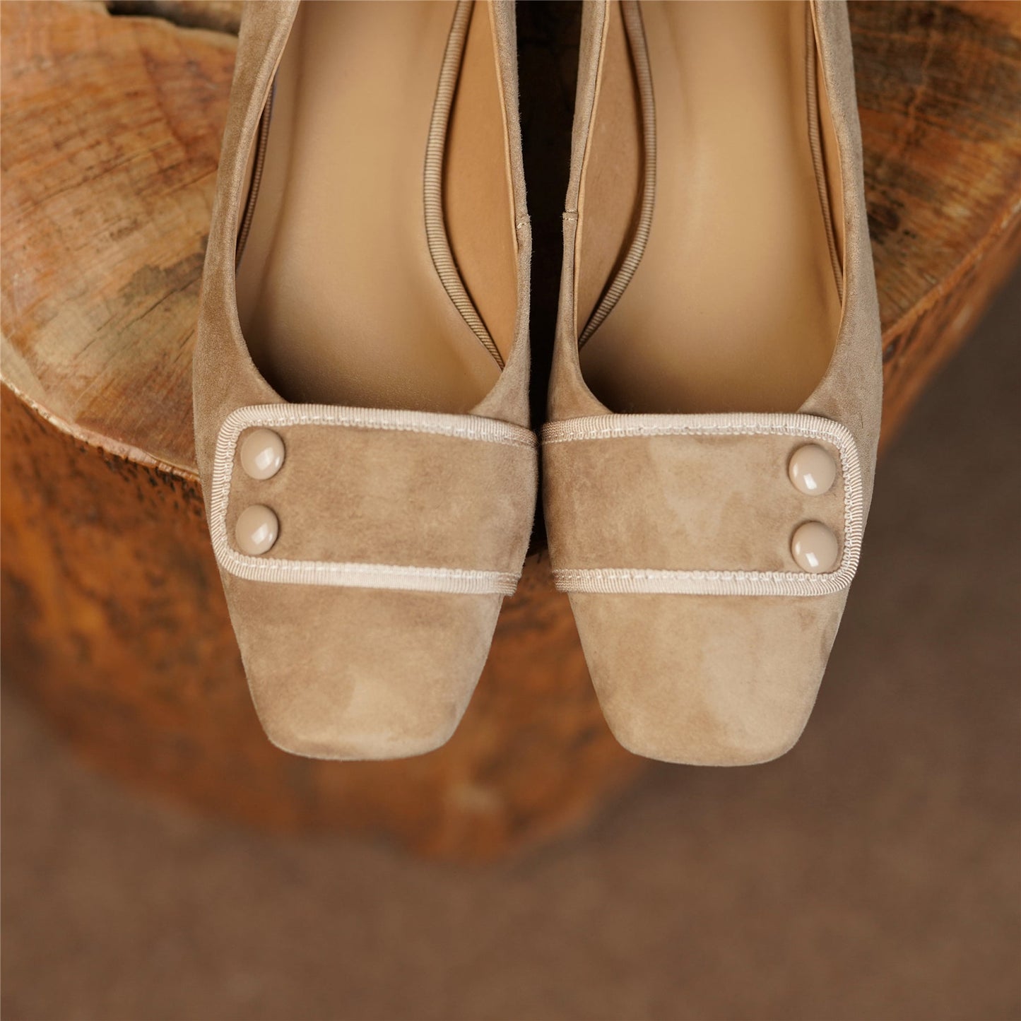 Women's Square Toe Soft Suede Leather Handmade Button Décor Comfort Slip On Flats