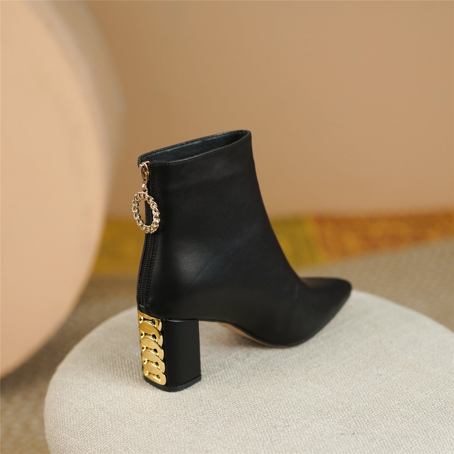 Genuine Leather Women's Handmade Pointed Toe Chunky Heel Ring Shapped Zipper Ankle Boots