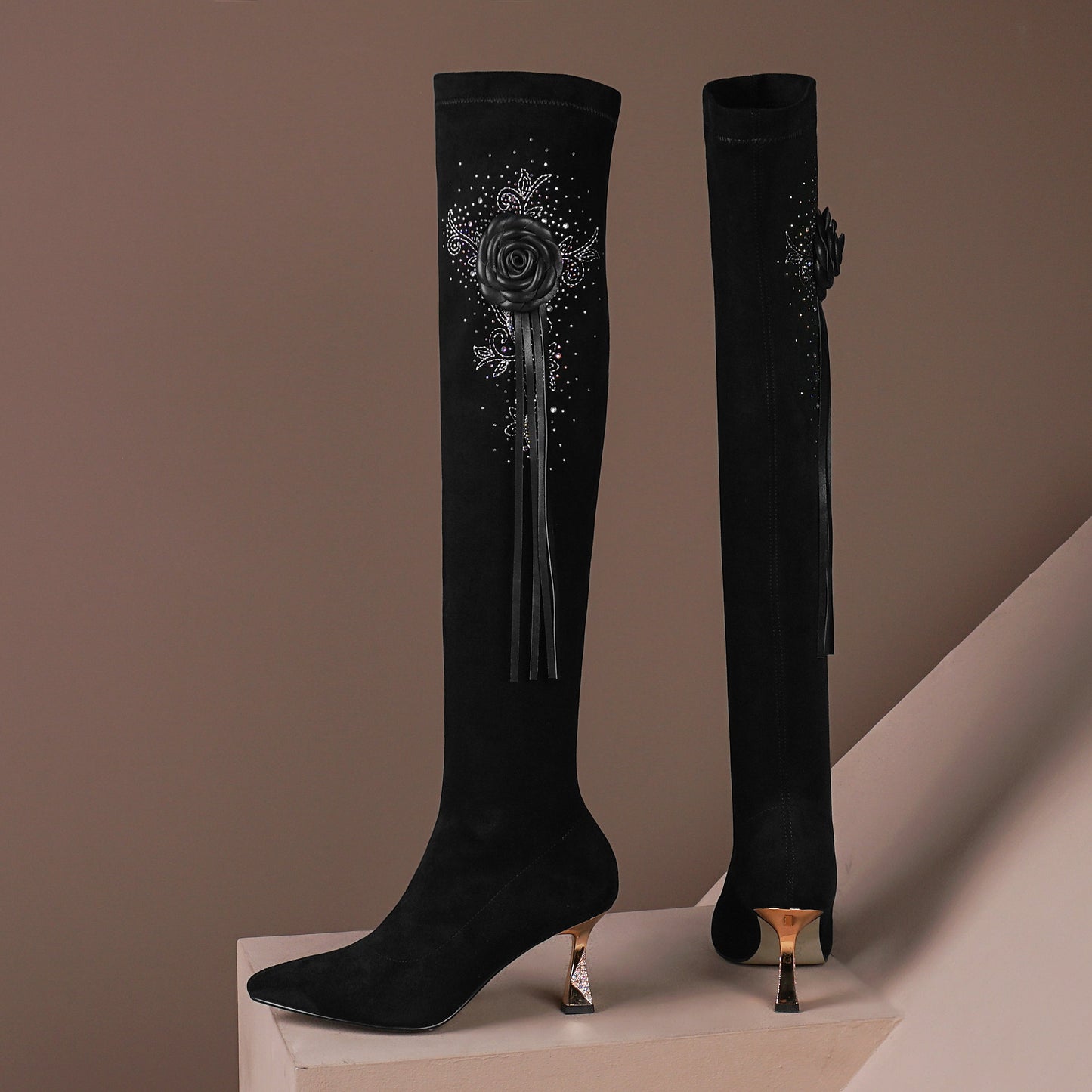 Women's Handmade Suede Leather Pointed Toe Sexy High Heel Stretch Slip On Black Over the Knee High Boots with Floral Tassel