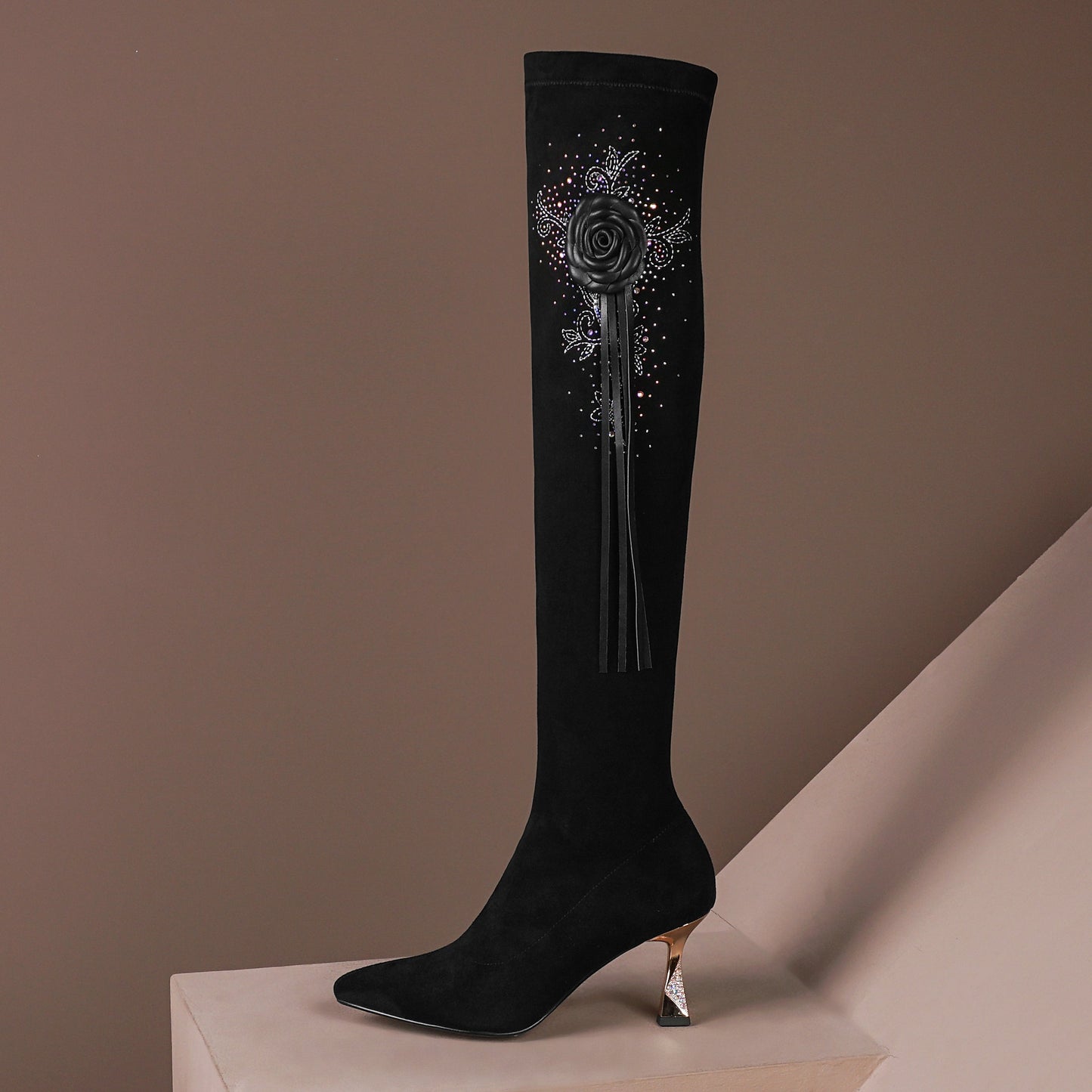 Women's Handmade Suede Leather Pointed Toe Sexy High Heel Stretch Slip On Black Over the Knee High Boots with Floral Tassel