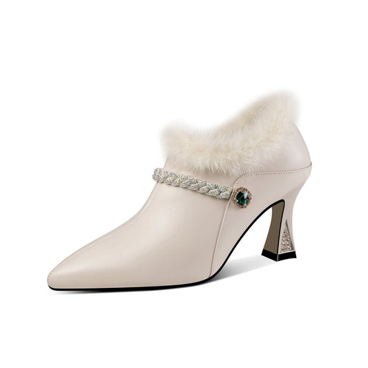 Women's Handmade Genuine Leather and Fur Side Zip Up High Heel Pointed Toe Oxford Pumps with Green Crystal Decor