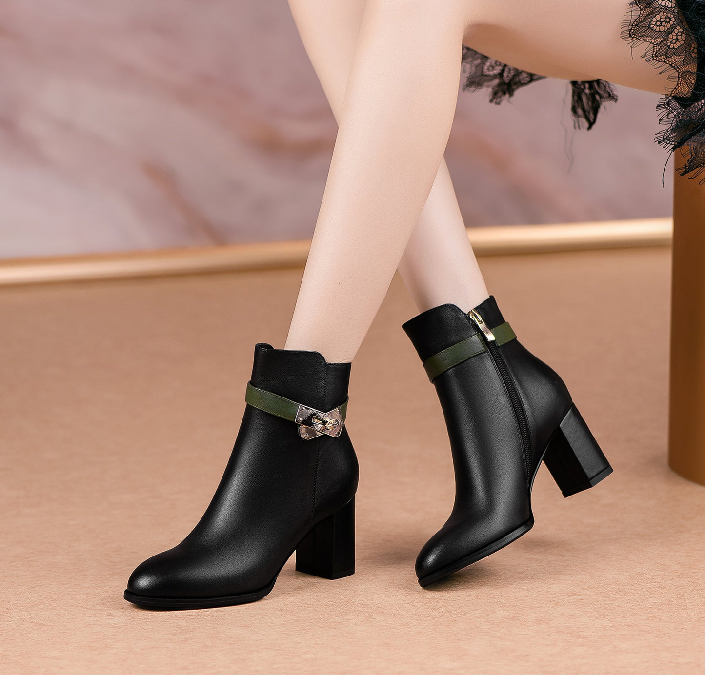 Women's Genuine Leather Handmade Stylish Chunky Heel Side Zip Up Belt Design Ankle Booties