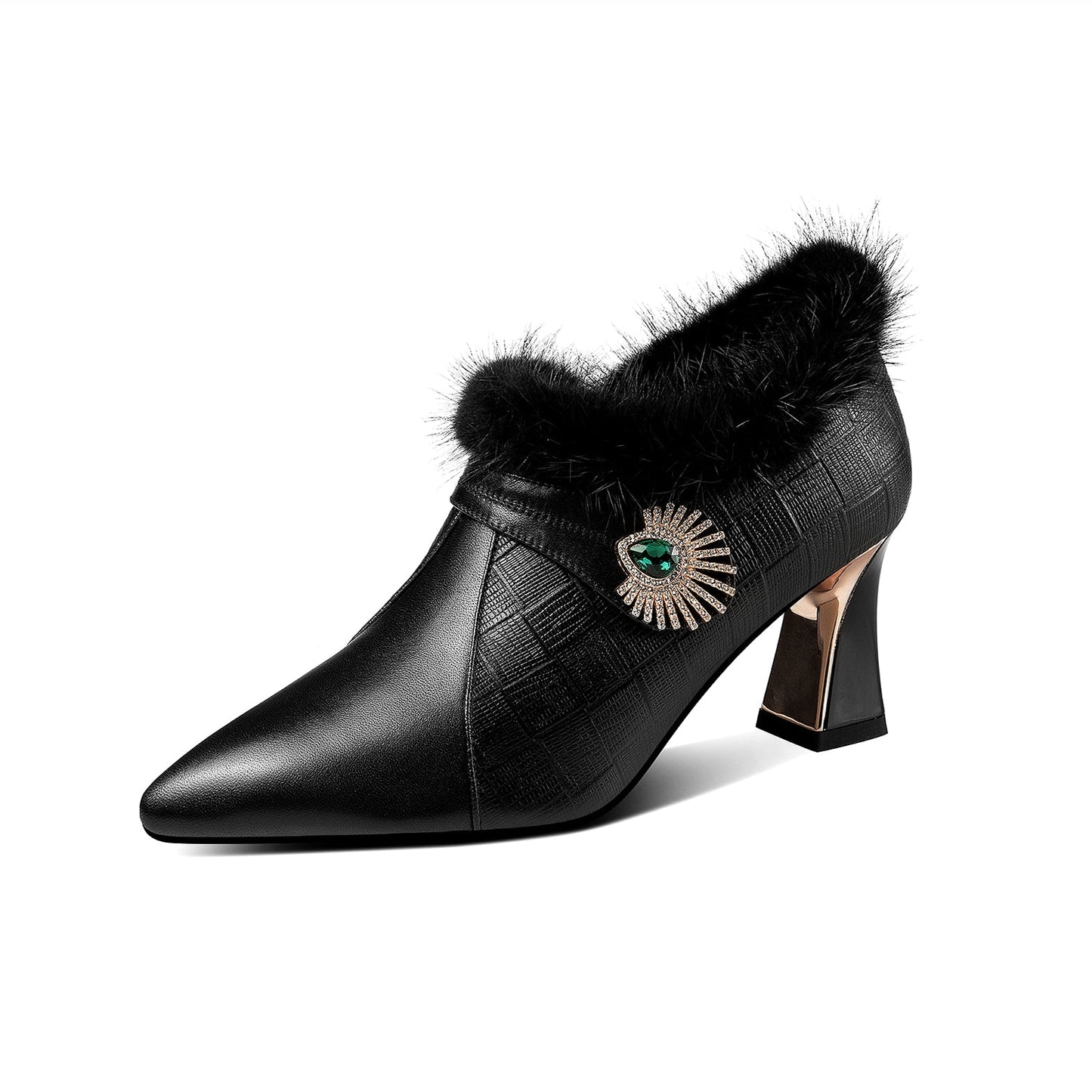 Women's Handmade Genuine Leather Comfortable Spool Heel Pointed Toe Side Zip Up Glitter Grystal Oxford Pumps with Warm Fur