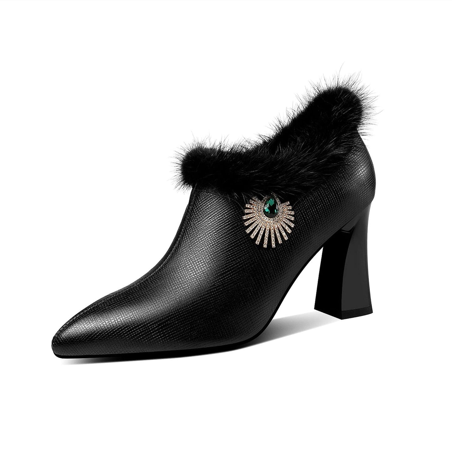 Women's Handmade Genuine Leather High Heel Side Zip Up Pointed Toe Fur and Rhinestone Decor Oxford Pump Shoes