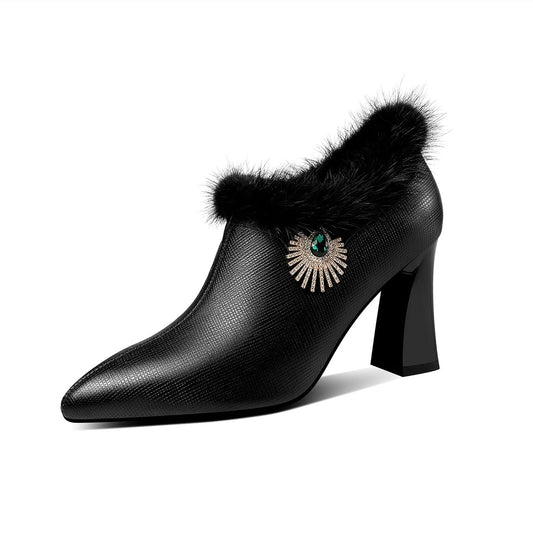 Women's Handmade Genuine Leather High Heel Side Zip Up Pointed Toe Fur and Rhinestone Decor Oxford Pump Shoes