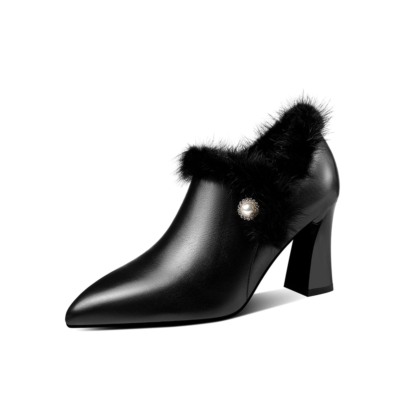 Women's Handmade Genuine Leather and Fur High Heel Side Zip Up Pointed Toe Elegant Oxford Pumps