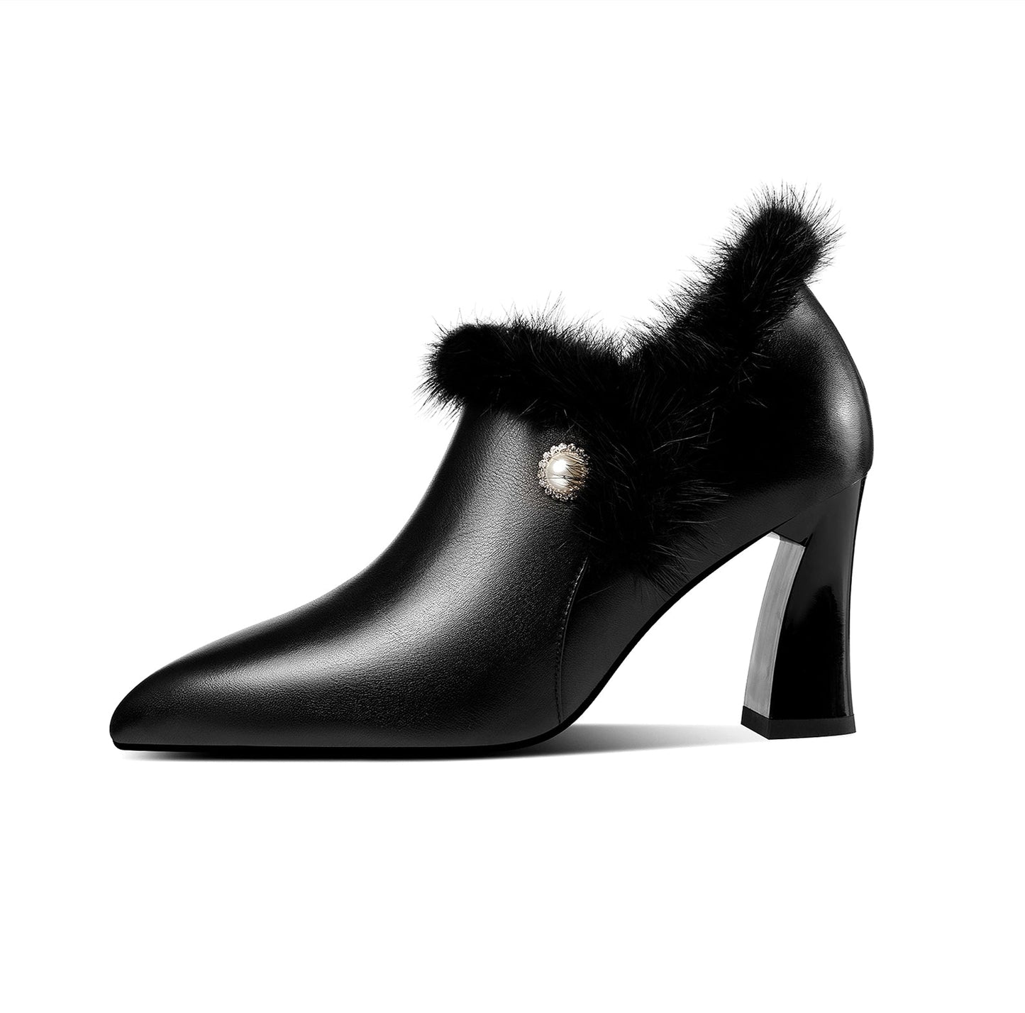 Women's Handmade Genuine Leather and Fur High Heel Side Zip Up Pointed Toe Elegant Oxford Pumps