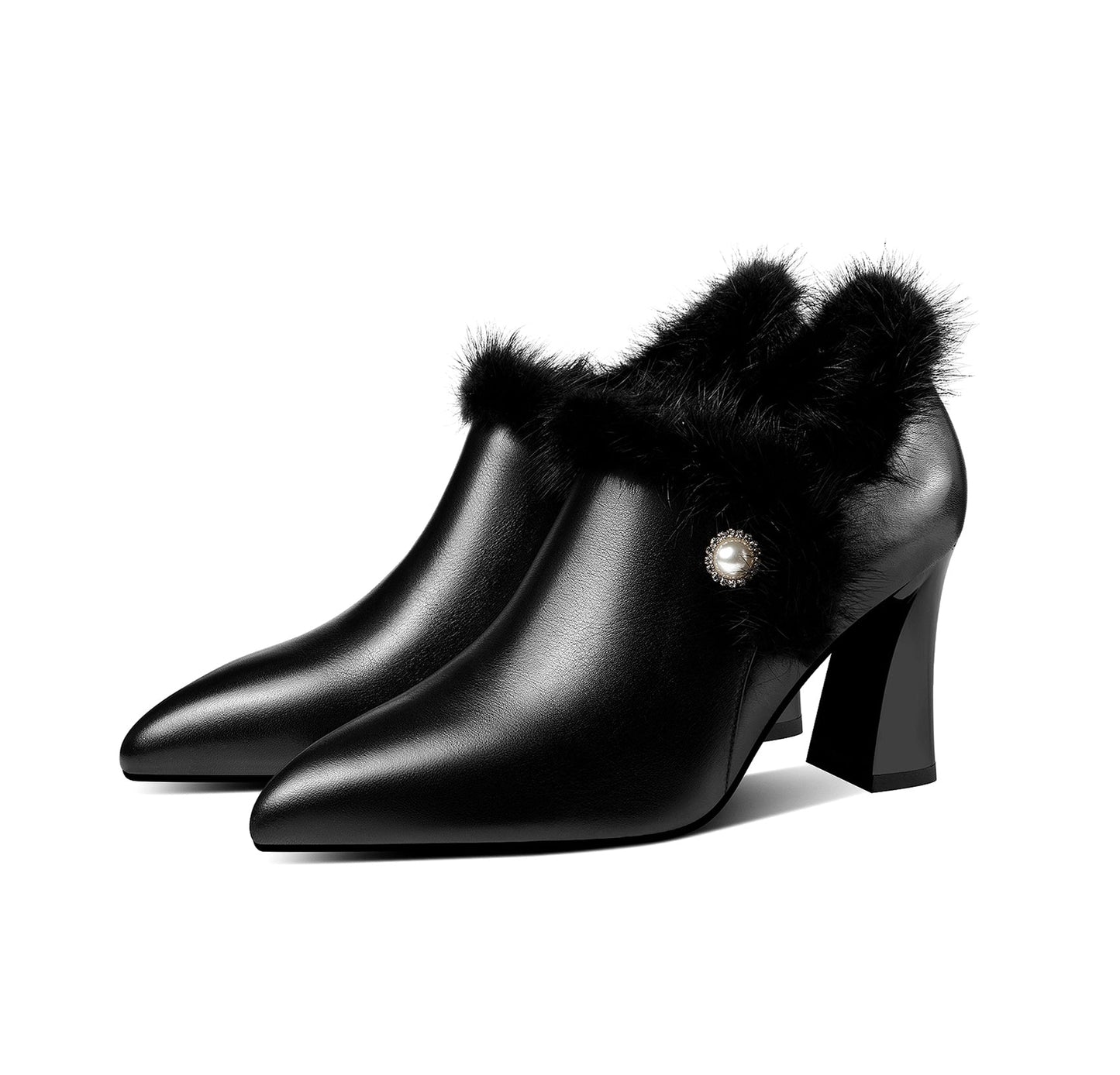 Women's Handmade Genuine Leather and Fur High Heel Side Zip Up Pointed Toe Elegant Oxford Pumps