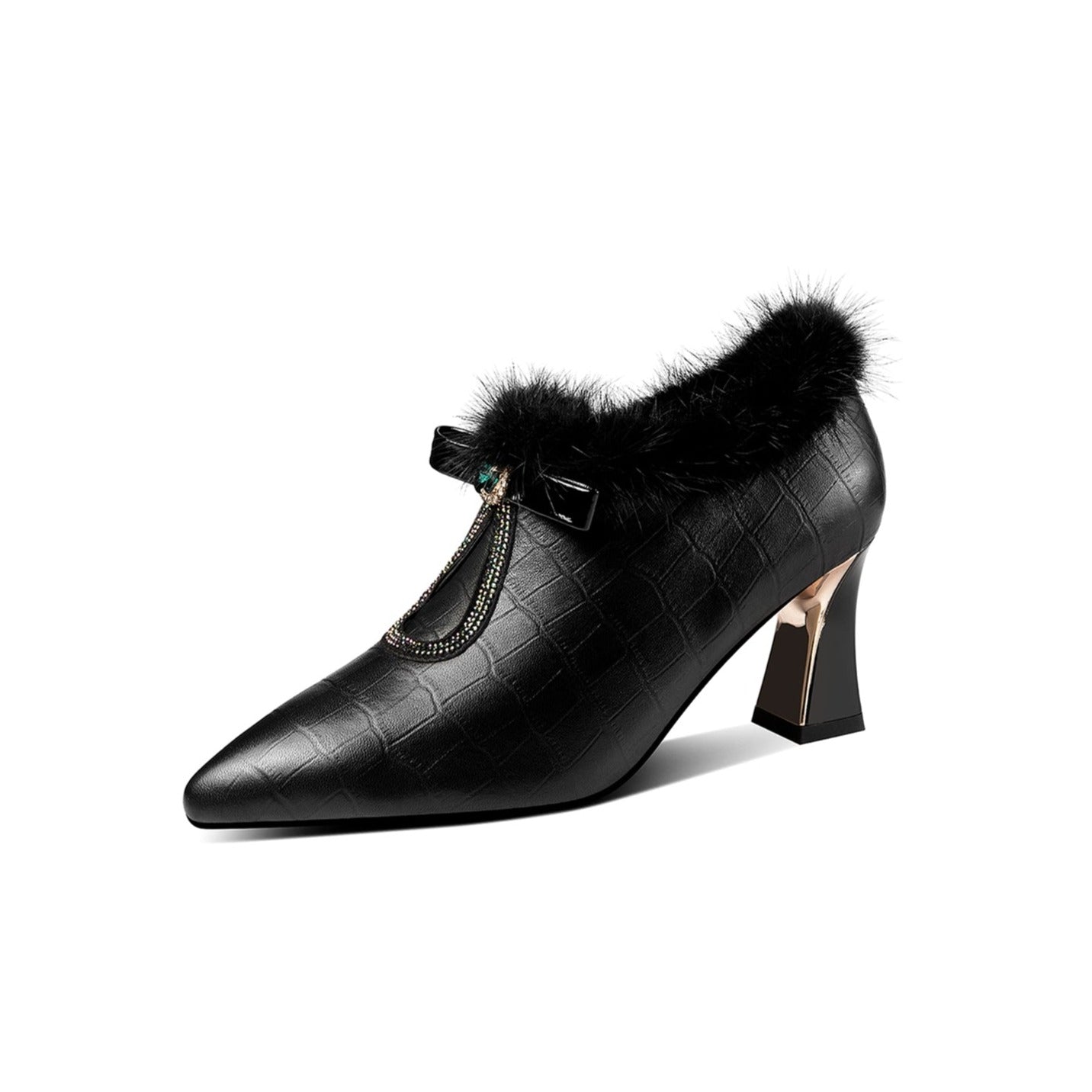 Genuine Leather Women's Handmade Elegant Mid Heel Side Zip Up Fur Decor Oxford Pumps with Boetie