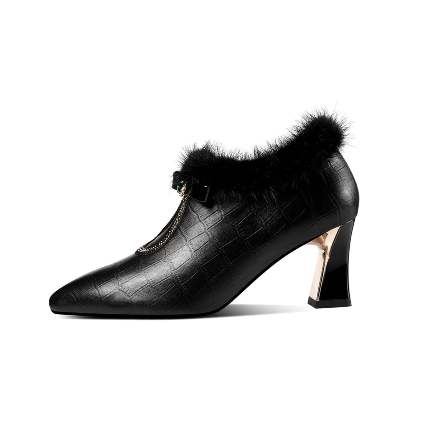 Genuine Leather Women's Handmade Elegant Mid Heel Side Zip Up Fur Decor Oxford Pumps with Boetie