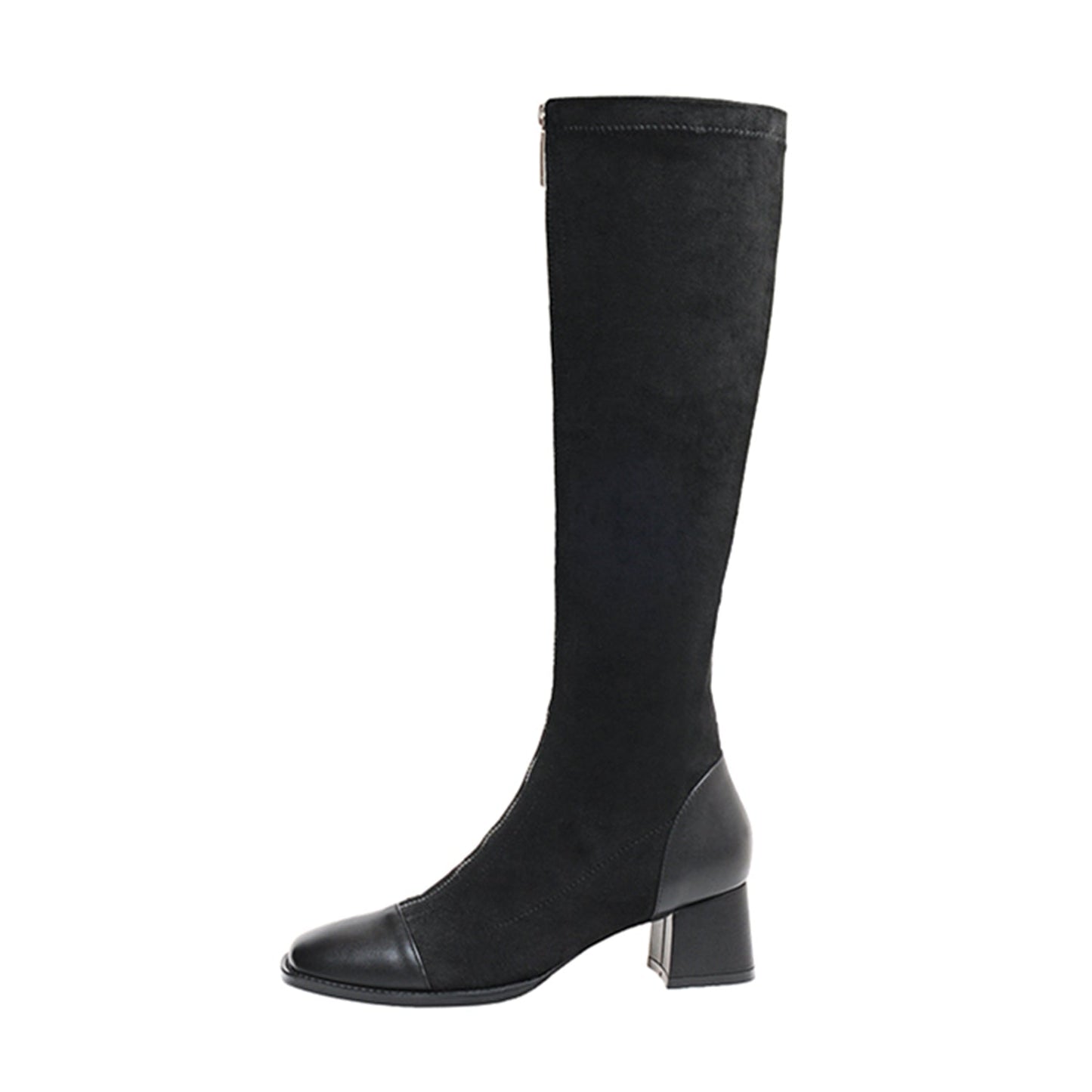 Women's Stretch Fabric Handmade Cap Toe Fashion Front Zipper Comfort Low Chunky Heel Knee High Boots