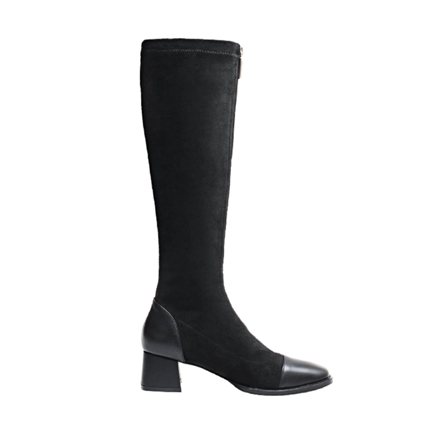 Women's Stretch Fabric Handmade Cap Toe Fashion Front Zipper Comfort Low Chunky Heel Knee High Boots