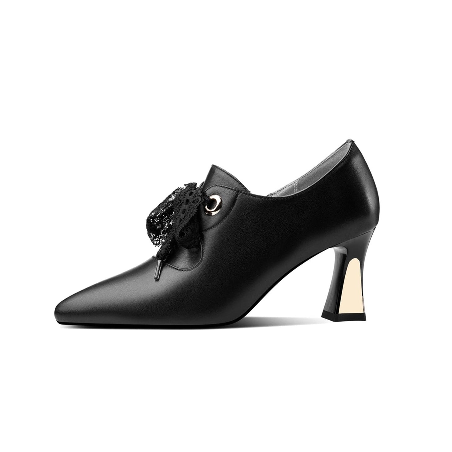 Genuine Leather Women's Handmade Pointed Toe Elegant Bowtie Spool Heel Pumps with Side Zipper