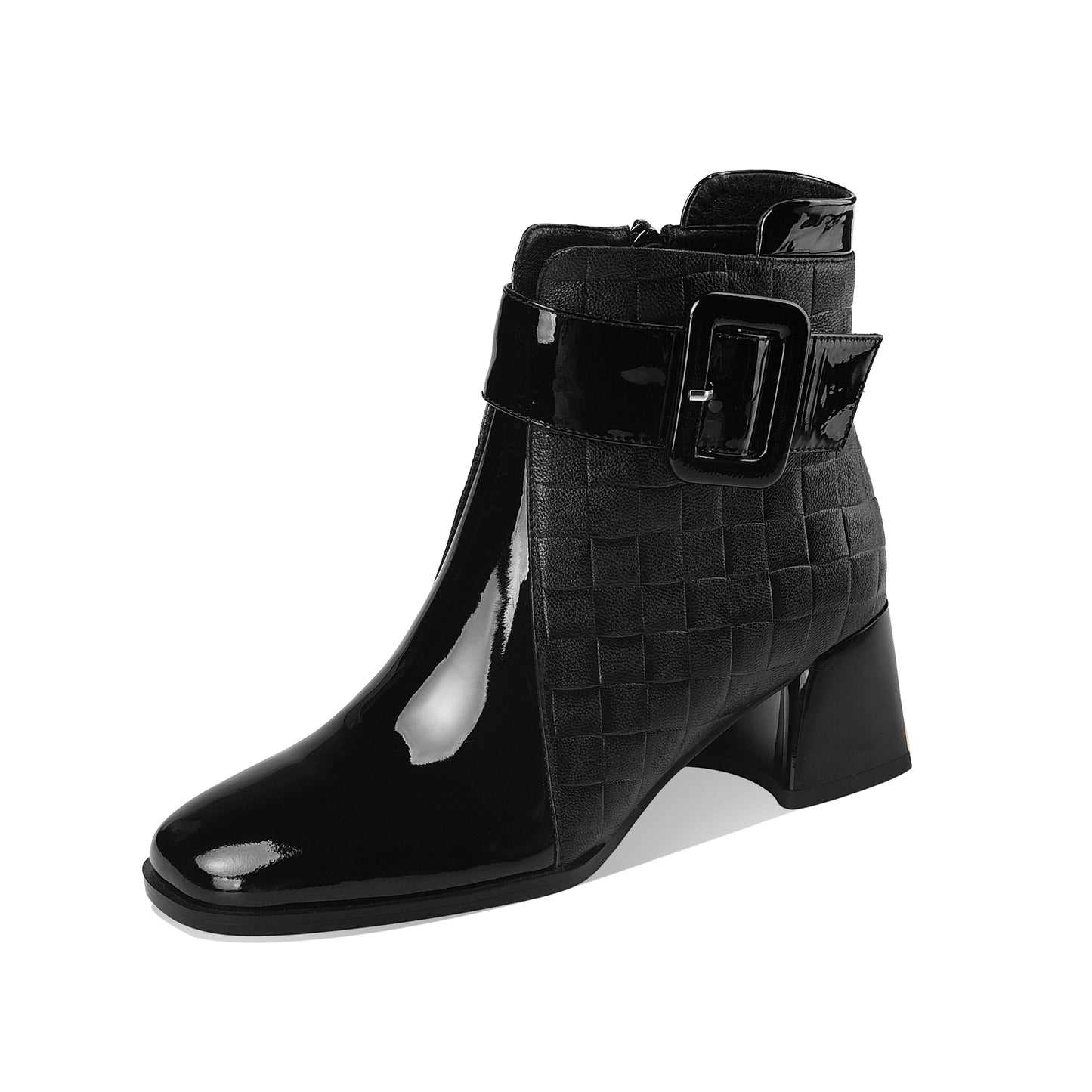 Genuine Leather Women's Handmade Chic Buckle Decor Chunky Heel Side Zip Up Checkered Ankle Boots