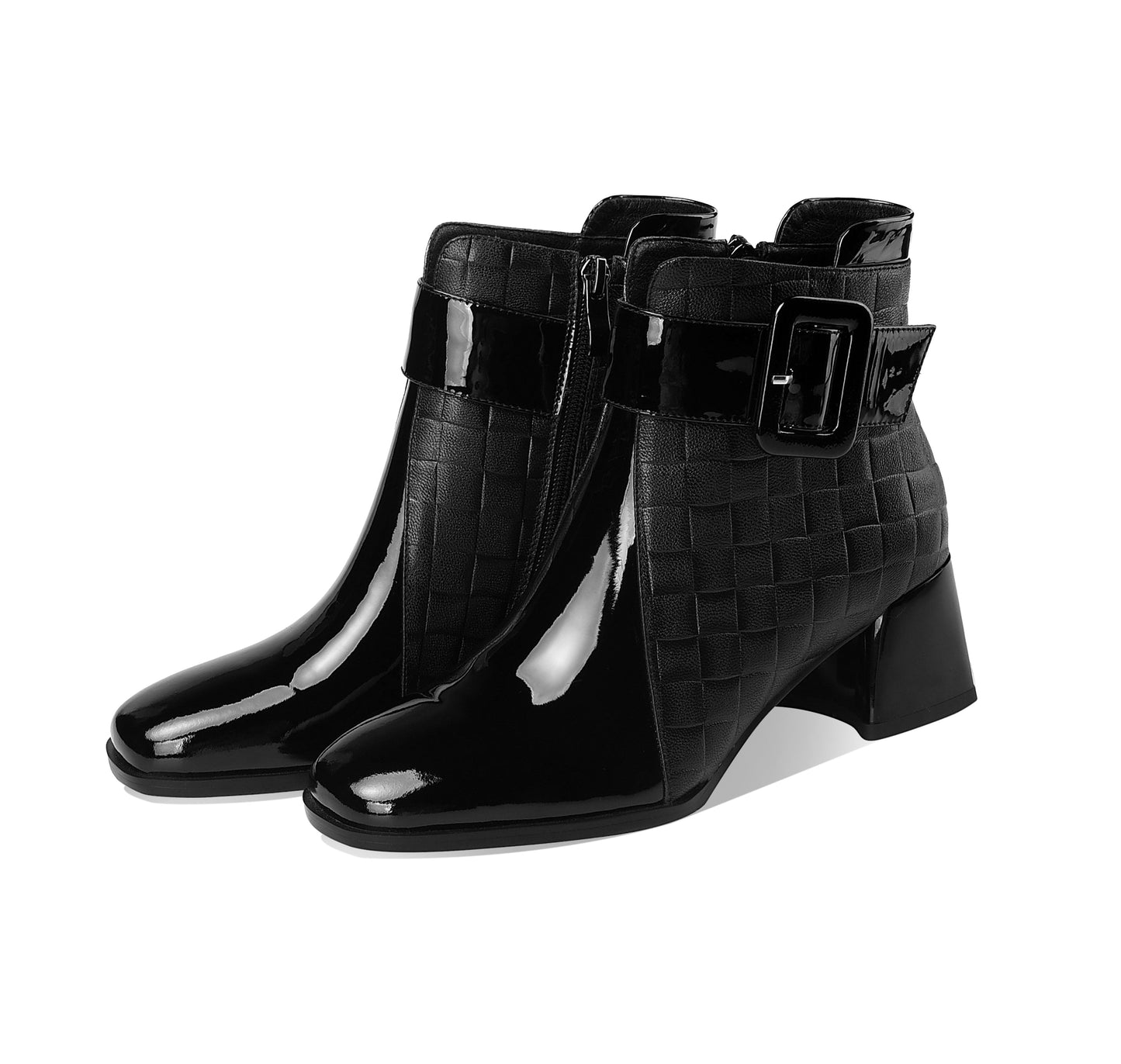 Genuine Leather Women's Handmade Chic Buckle Decor Chunky Heel Side Zip Up Checkered Ankle Boots